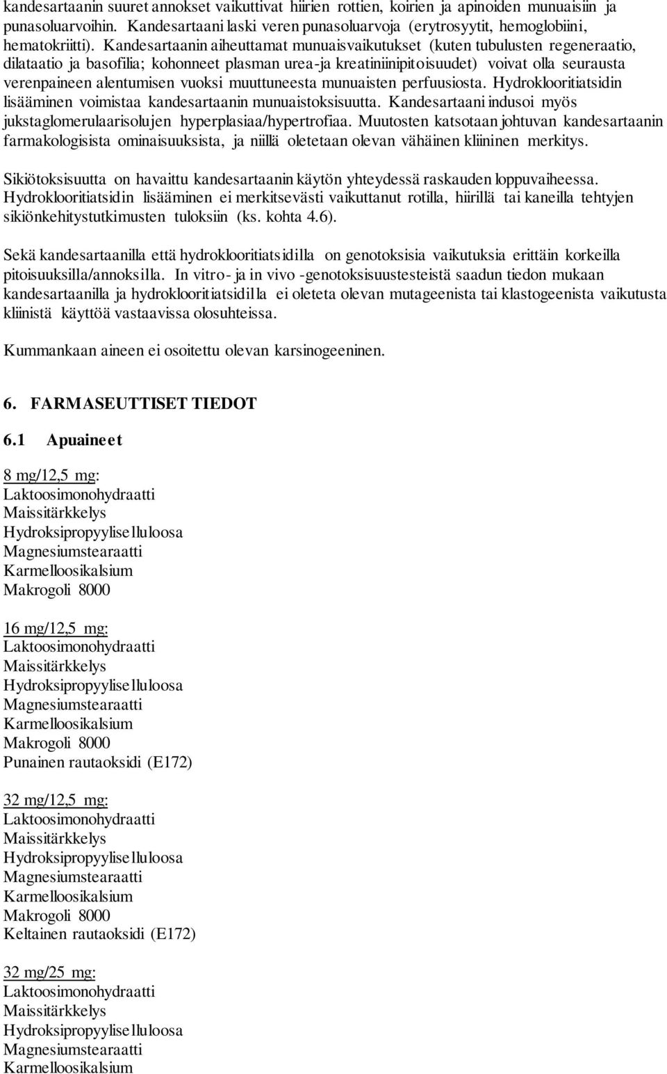 vuoksi muuttuneesta munuaisten perfuusiosta. Hydroklooritiatsidin lisääminen voimistaa kandesartaanin munuaistoksisuutta.