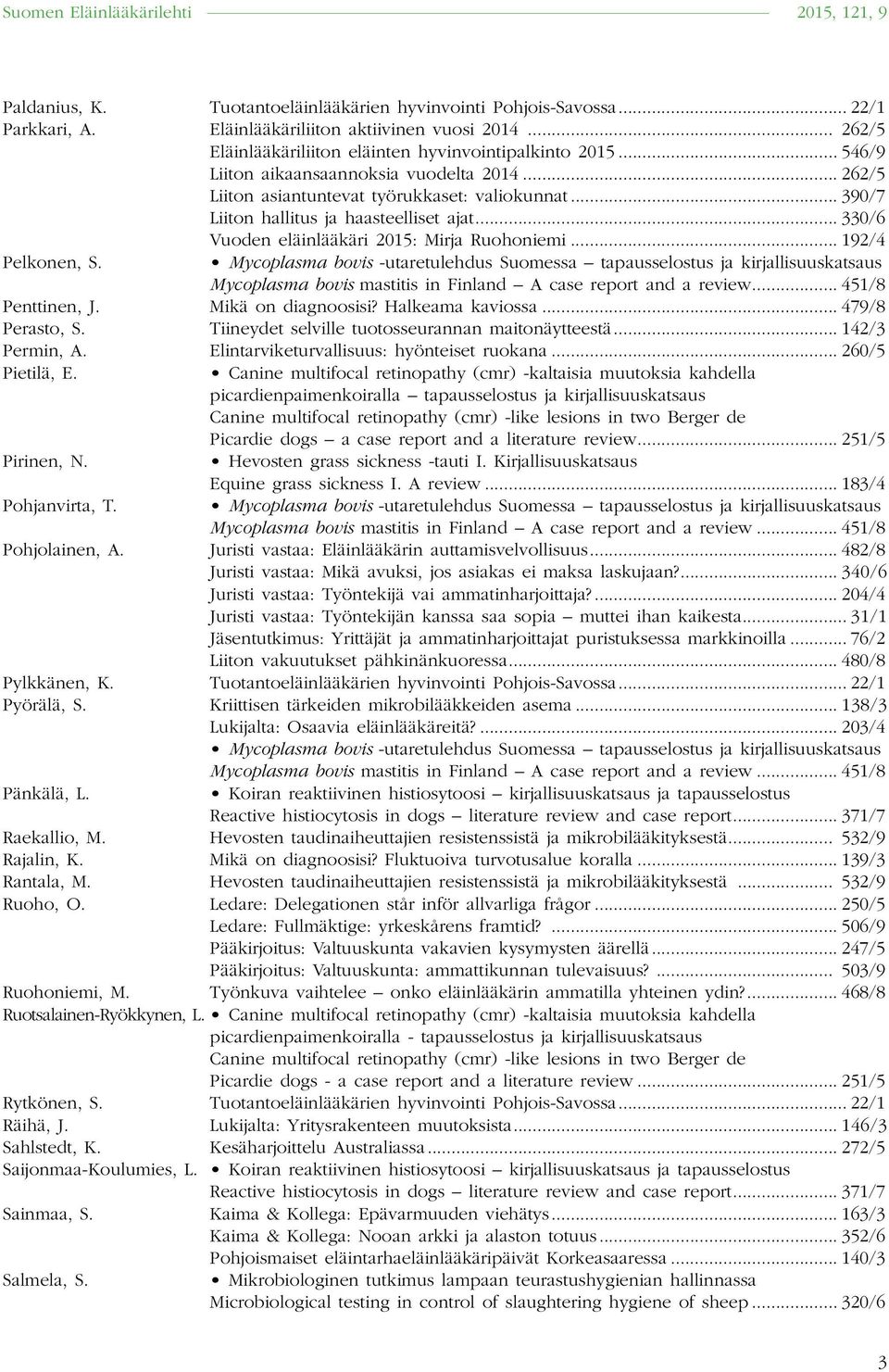 .. 192/4 Pelkonen, S. Mycoplasma bovis mastitis in Finland A case report and a review... 451/8 Penttinen, J. Mikä on diagnoosisi? Halkeama kaviossa... 479/8 Perasto, S.