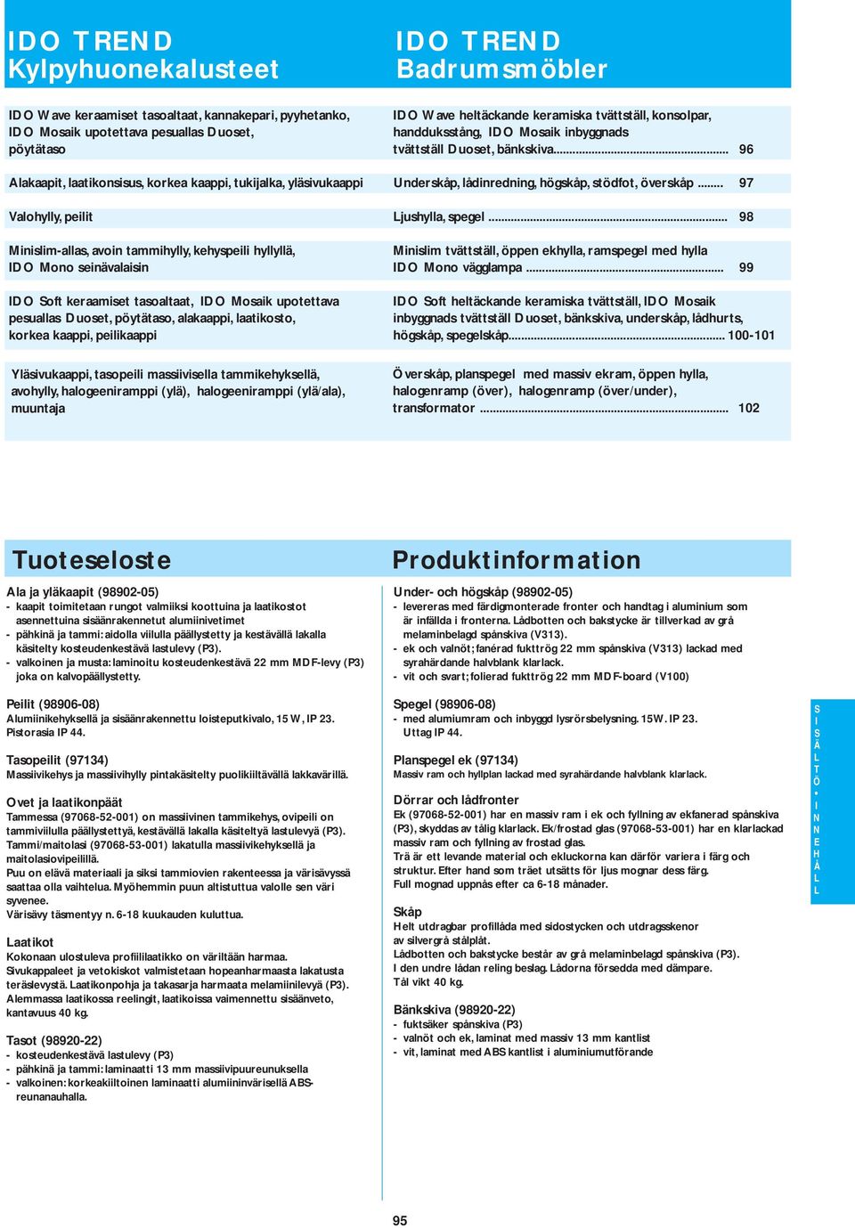 Valohylly, peilit jushylla, spegel 98 Minislim-allas, avoin tammihylly, kehyspeili hyllyllä, Minislim tvättställ, öppen ekhylla, ramspegel med hylla IDO Mono seinävalaisin IDO Mono vägglampa 99 IDO