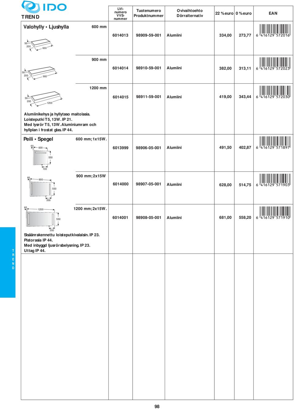Alumiinikehys ja hyllytaso maitolasia oisteputki 5, 13W IP 21 Med lysrör 5, 13WAluminiumram och hyllplan i frostat glas IP 44 Peili pegel 60 600 ; 1x15W 6013999 98906-05-001 Alumiini 491,50 402,87 )!