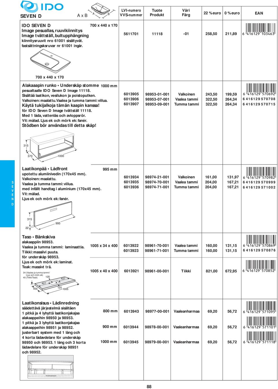 700 x 440 x 170 Alakaaapin runko Underskåp stomme 1000 mm pesualtaalle IDO even D Image 11118 isältää laatikon, vesilukon ja poistoputken Valkoinen: maalattuvaalea ja tumma tammi: viilua Käytä