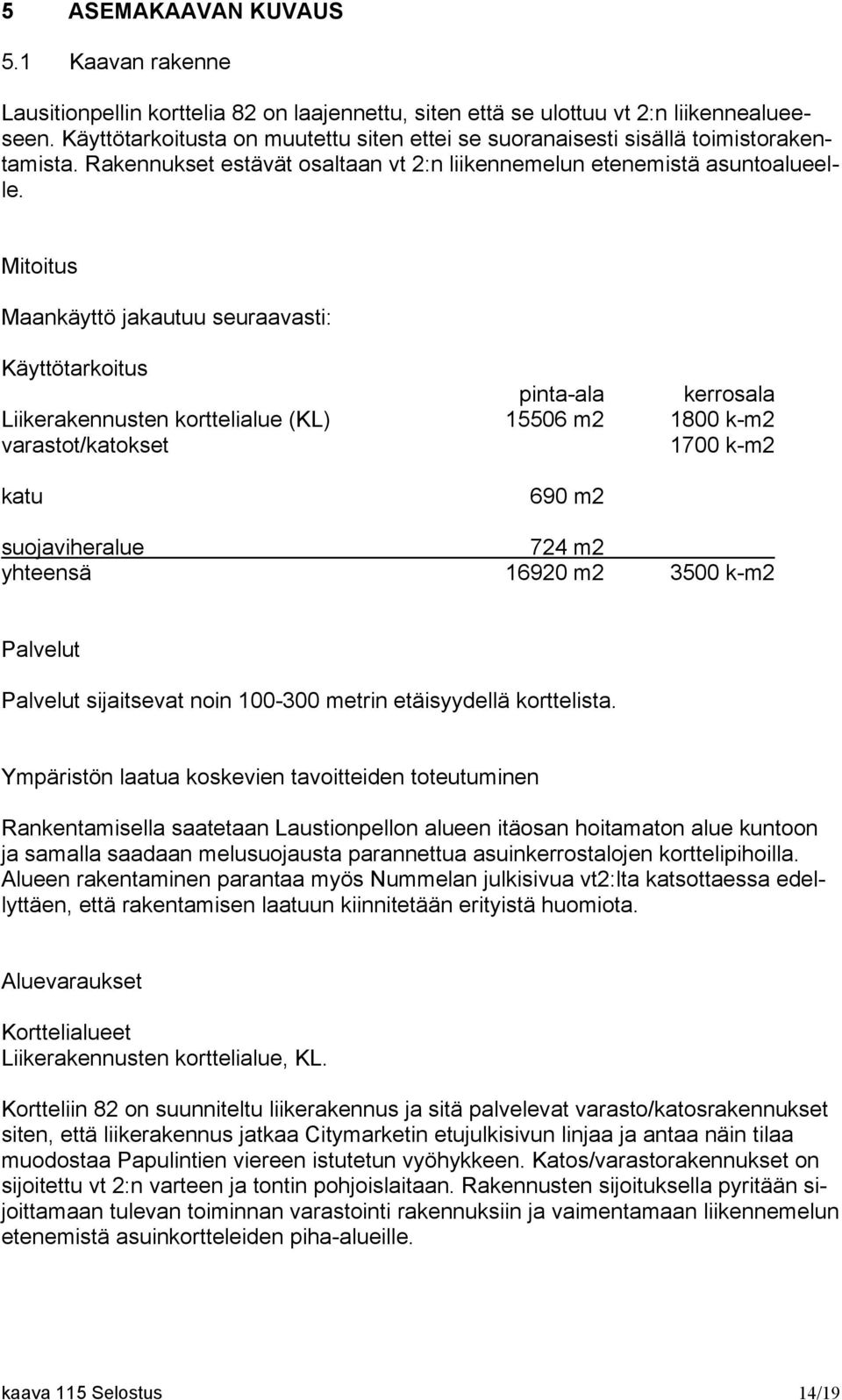 Mitoitus Maankäyttö jakautuu seuraavasti: Käyttötarkoitus pinta-ala kerrosala Liikerakennusten korttelialue (KL) 15506 m2 1800 k-m2 varastot/katokset 1700 k-m2 katu 690 m2 suojaviheralue 724 m2