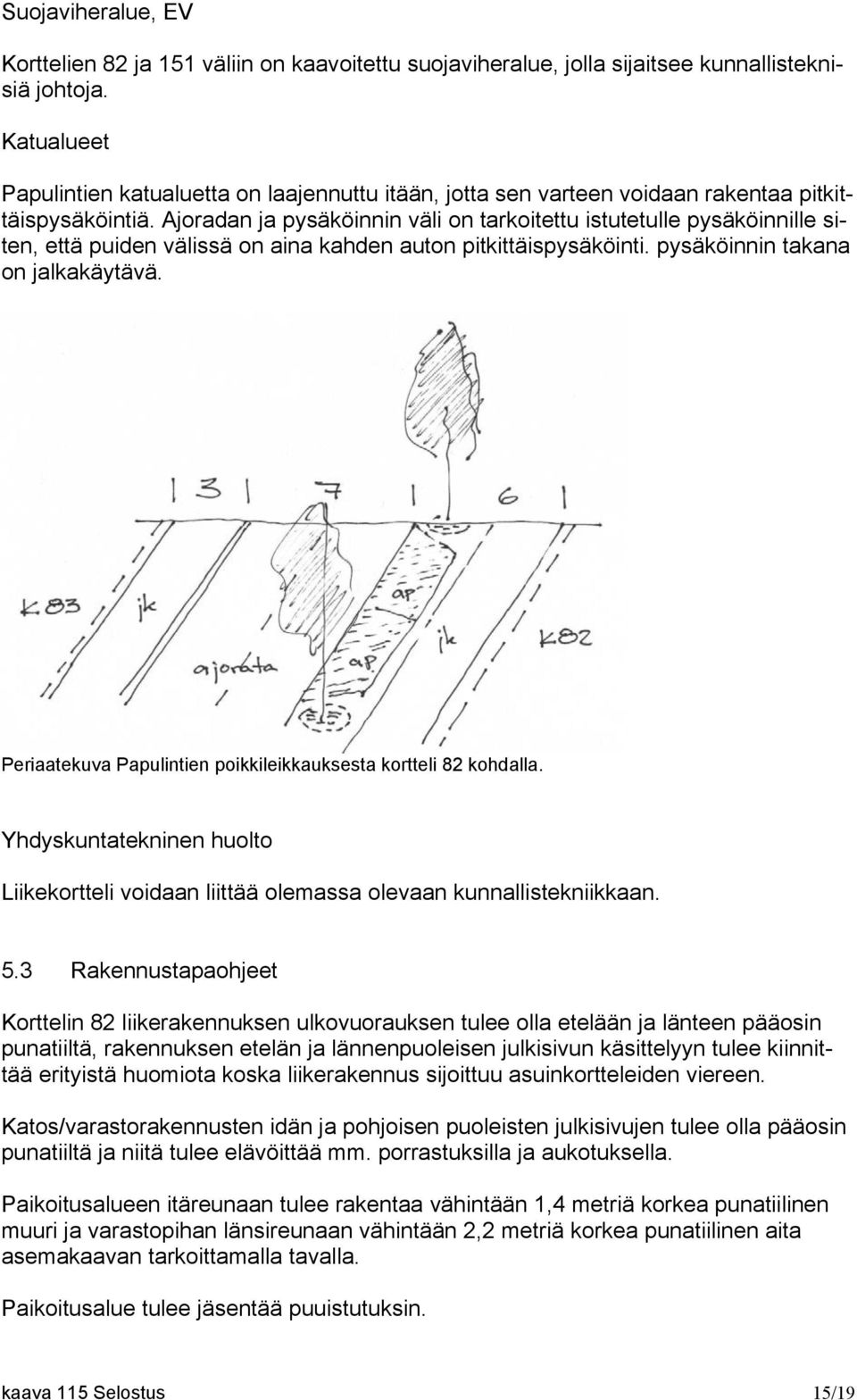 Ajoradan ja pysäköinnin väli on tarkoitettu istutetulle pysäköinnille siten, että puiden välissä on aina kahden auton pitkittäispysäköinti. pysäköinnin takana on jalkakäytävä.