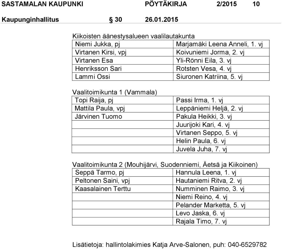 vj Vaalitoimikunta 1 (Vammala) Topi Raija, pj Mattila Paula, vpj Järvinen Tuomo Passi Irma, 1. vj Leppäniemi Heljä, 2. vj Pakula Heikki, 3. vj Juurijoki Kari, 4. vj Virtanen Seppo, 5.