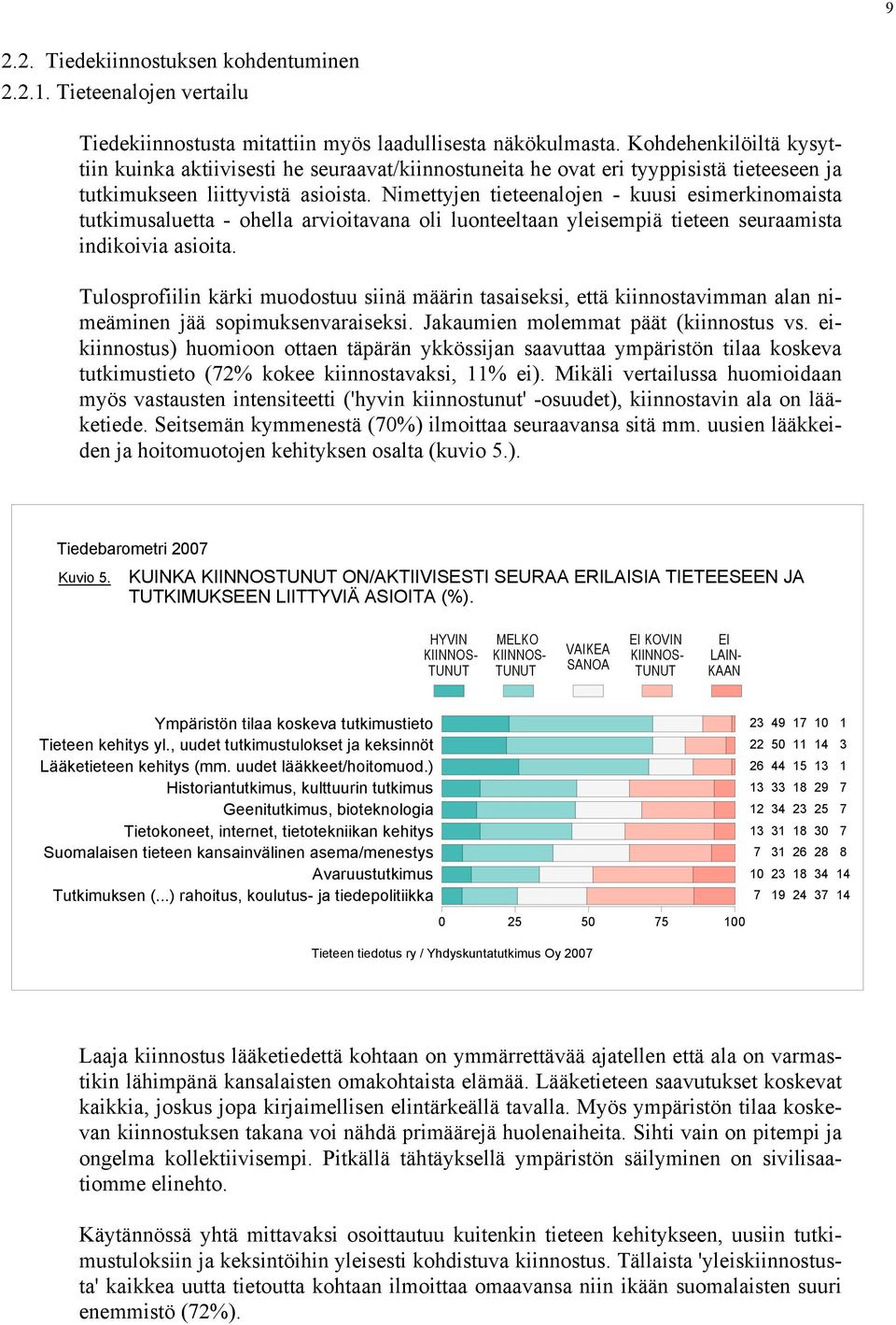 Nimettyjen tieteenalojen - kuusi esimerkinomaista tutkimusaluetta - ohella arvioitavana oli luonteeltaan yleisempiä tieteen seuraamista indikoivia asioita.