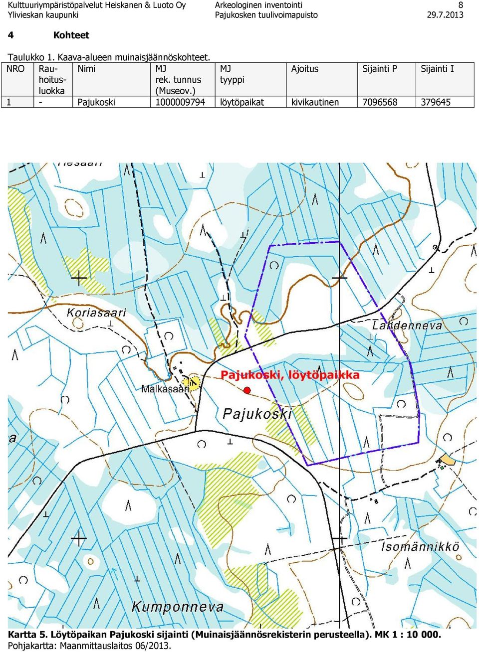 ) MJ tyyppi Ajoitus Sijainti P Sijainti I 1 - Pajukoski 1000009794 löytöpaikat kivikautinen 7096568