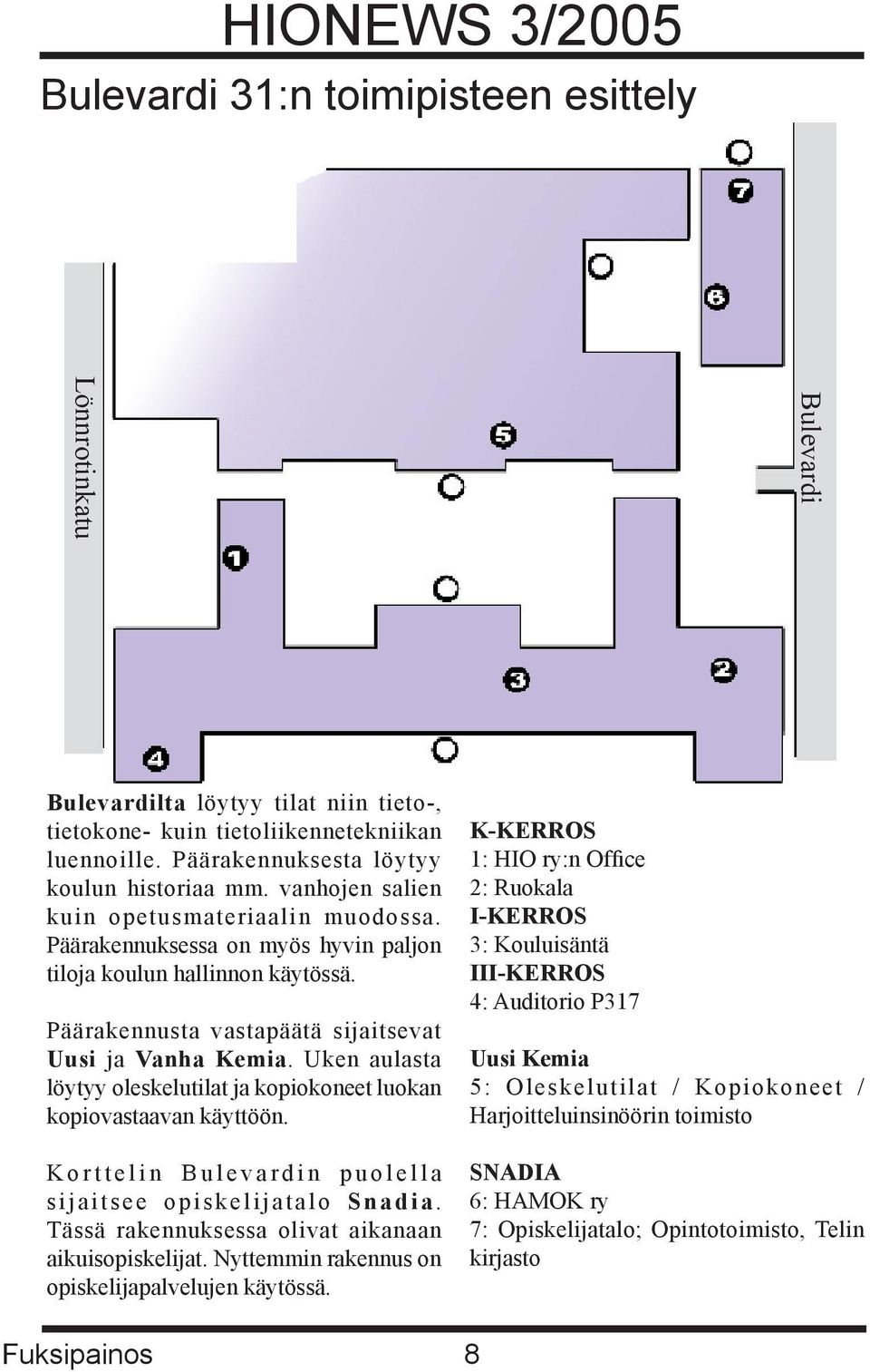 Uken aulasta löytyy oleskelutilat ja kopiokoneet luokan kopiovastaavan käyttöön. K o r t t e l i n B u l e v a r d i n p u o l e l l a sijaitsee opiskelijatalo Snadia.