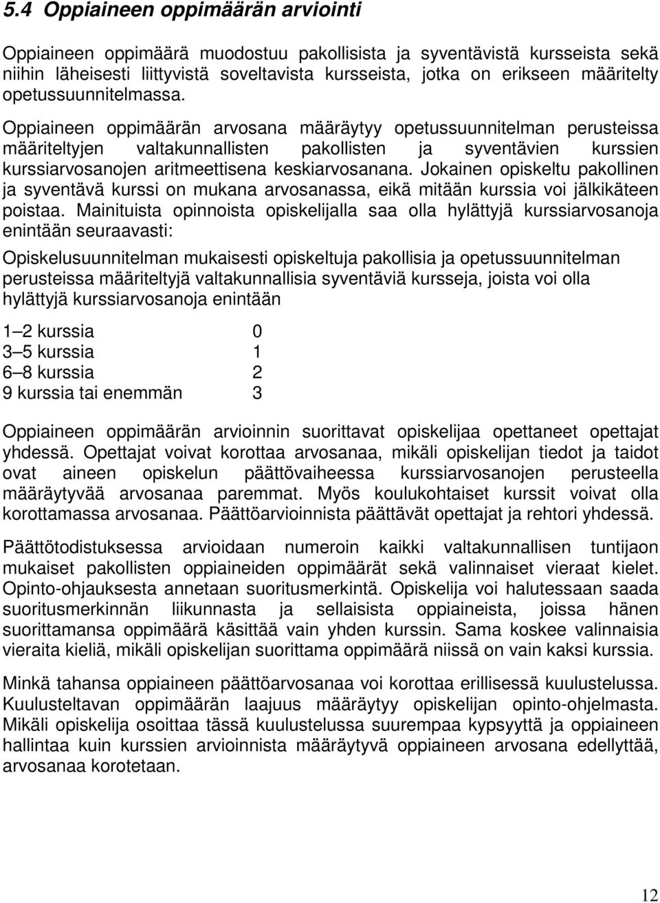 Oppiaineen oppimäärän arvosana määräytyy opetussuunnitelman perusteissa määriteltyjen valtakunnallisten pakollisten ja syventävien kurssien kurssiarvosanojen aritmeettisena keskiarvosanana.