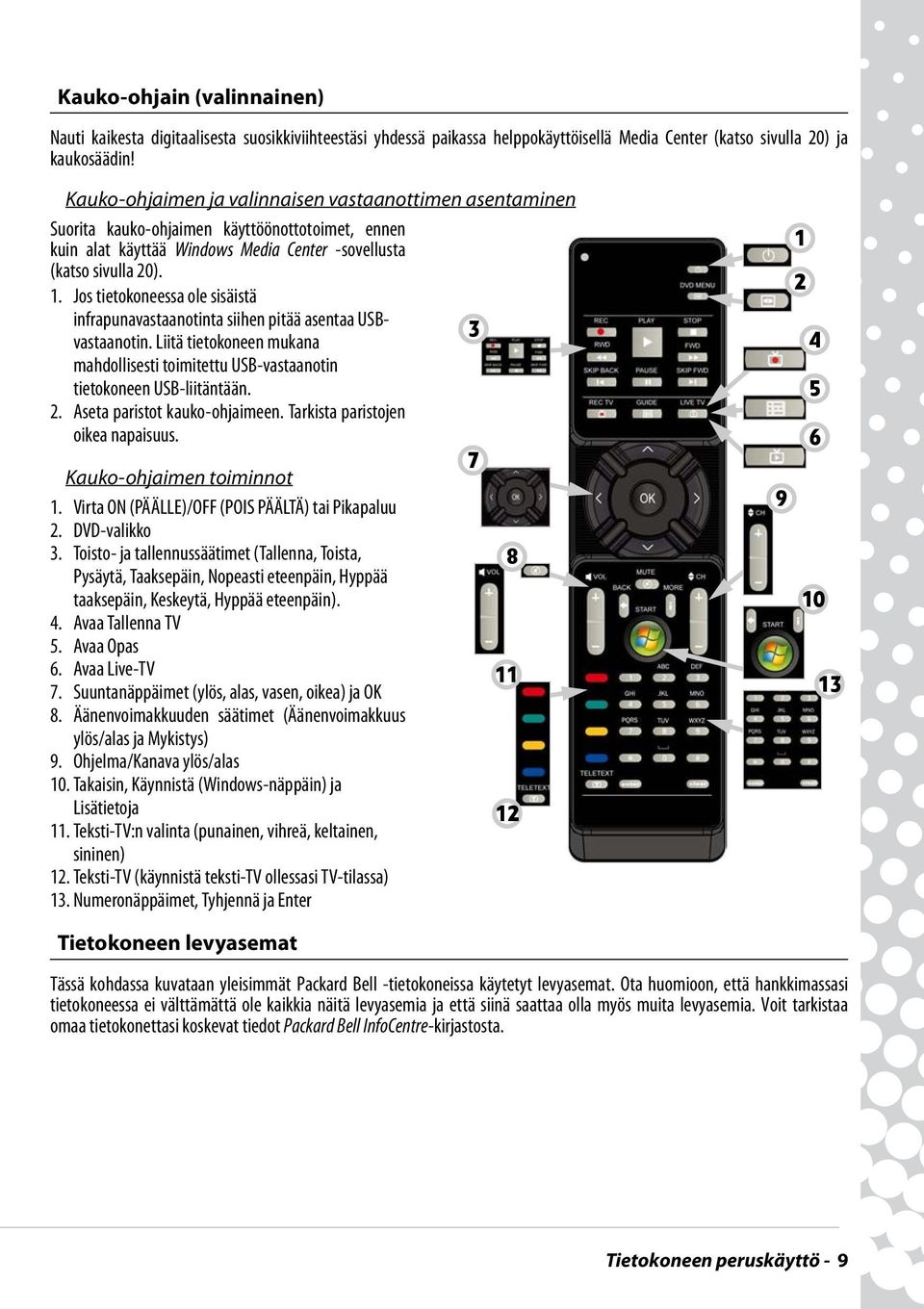 Jos tietokoneessa ole sisäistä infrapunavastaanotinta siihen pitää asentaa USBvastaanotin. Liitä tietokoneen mukana 3 mahdollisesti toimitettu USB-vastaanotin tietokoneen USB-liitäntään. 2.