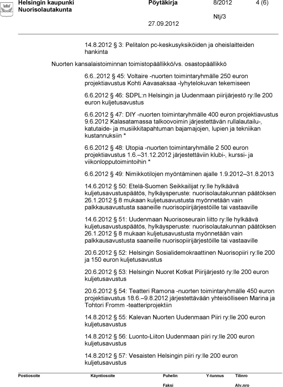 6.2012 48: Utopia -nuorten toimintaryhmälle 2 500 euron projektiavustus 1.6. 31.12.2012 järjestettäviin klubi-, kurssi- ja viikonlopputoimintoihin 6.6.2012 49: Nimikkotilojen myöntäminen ajalle 1.9.2012 31.