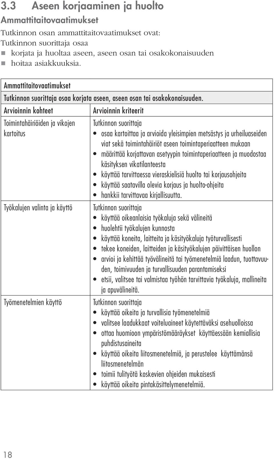 Arvioinnin kohteet Arvioinnin kriteerit Toimintahäiriöiden ja vikojen kartoitus Työkalujen valinta ja käyttö Työmenetelmien käyttö osaa kartoittaa ja arvioida yleisimpien metsästys ja urheiluaseiden