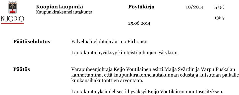 Päätös Varapuheenjohtaja Keijo Voutilainen esitti Maija Svärdin ja Varpu Puskalan kannattamina,