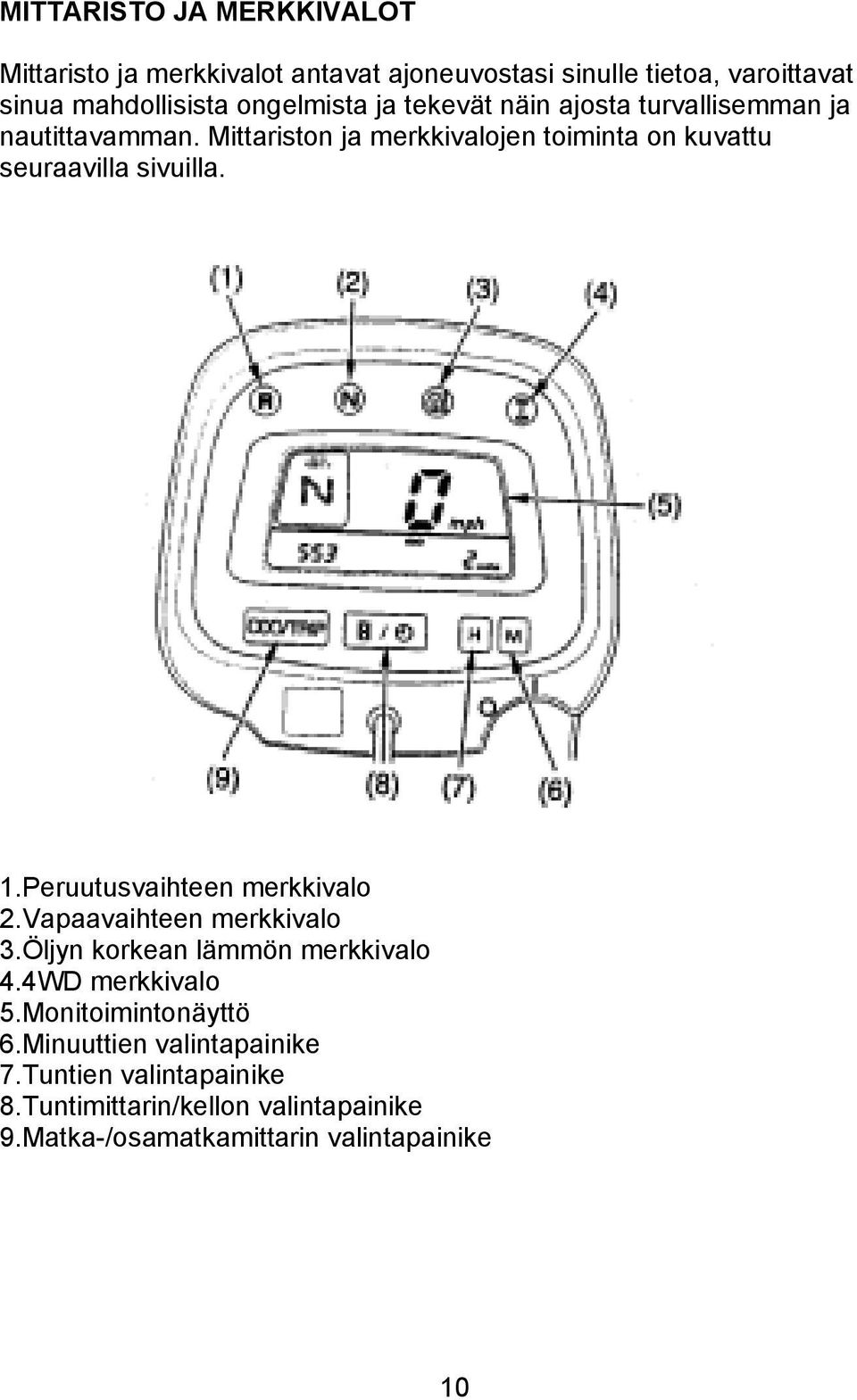 Mittariston ja merkkivalojen toiminta on kuvattu seuraavilla sivuilla. 1.Peruutusvaihteen merkkivalo 2.Vapaavaihteen merkkivalo 3.