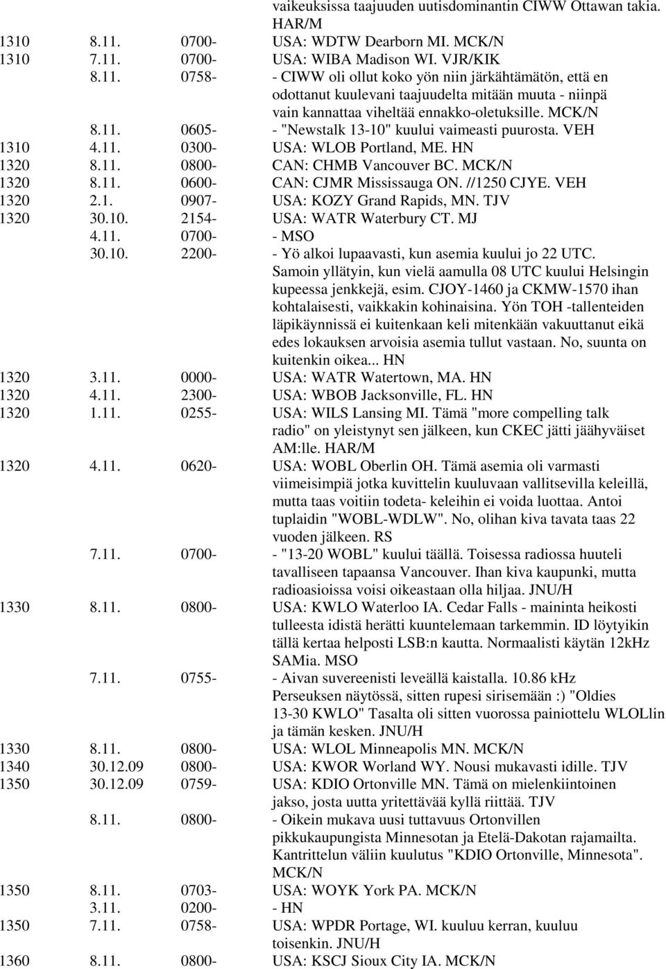 0700- USA: WIBA Madison WI. VJR/KIK 8.11. 0758- - CIWW oli ollut koko yön niin järkähtämätön, että en odottanut kuulevani taajuudelta mitään muuta - niinpä vain kannattaa viheltää ennakko-oletuksille.