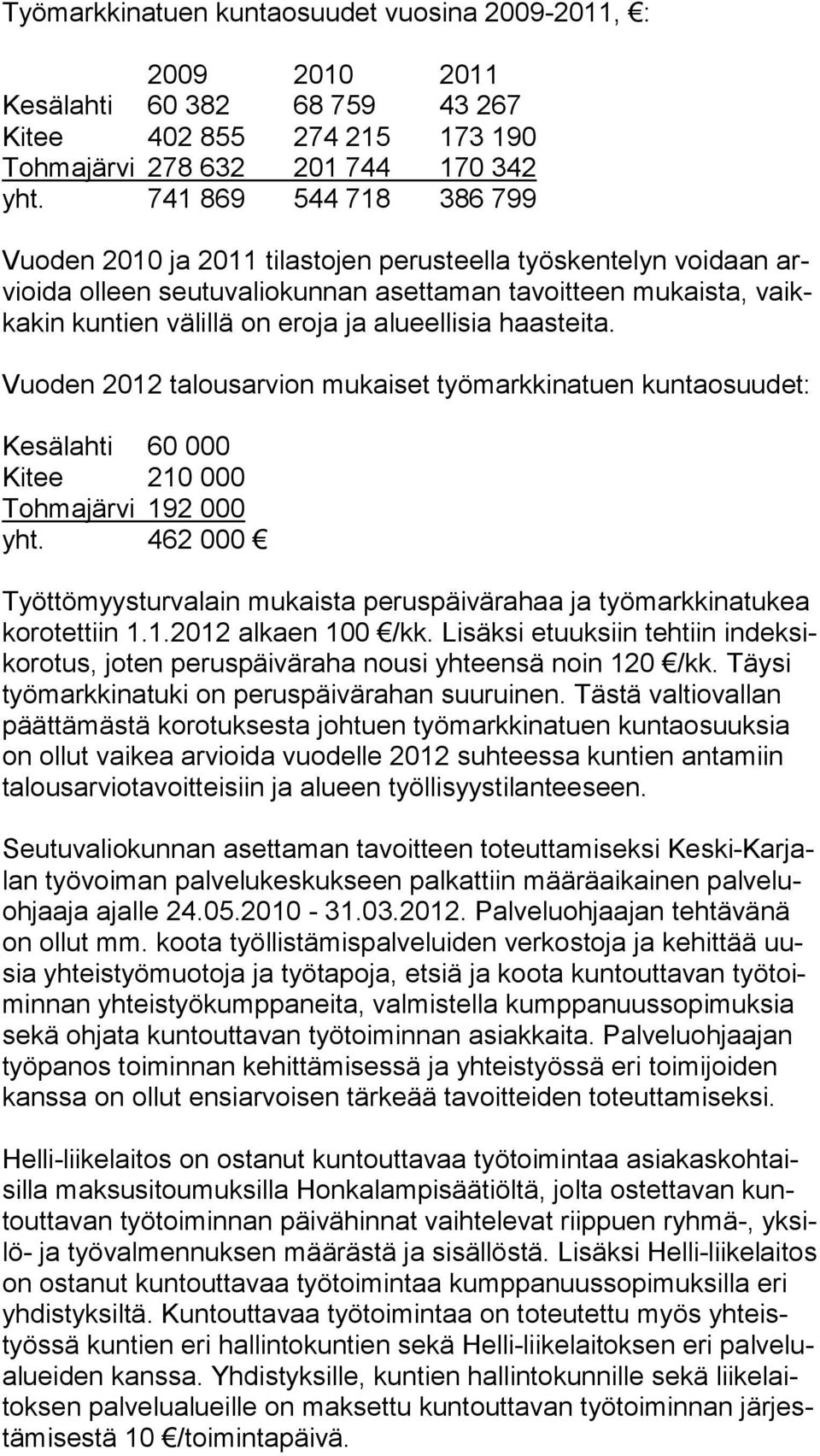 alueellisia haasteita. Vuoden 2012 talousarvion mukaiset työmarkkinatuen kuntaosuu det: Kesälahti 60 000 Kitee 210 000 Tohmajärvi 192 000 yht.