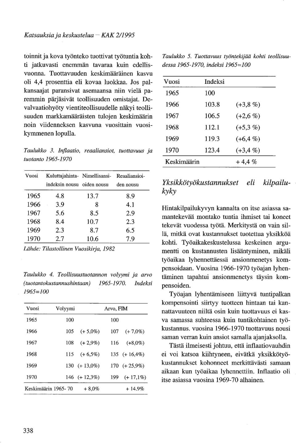 Devalvaatiohyöty vientiteollisuudelle näkyi teollisuuden markkamääräisten tulojen keskimäärin noin viidenneksen kasvuna vuosittain vuosikymmenen lopulla. Taulukko 3.