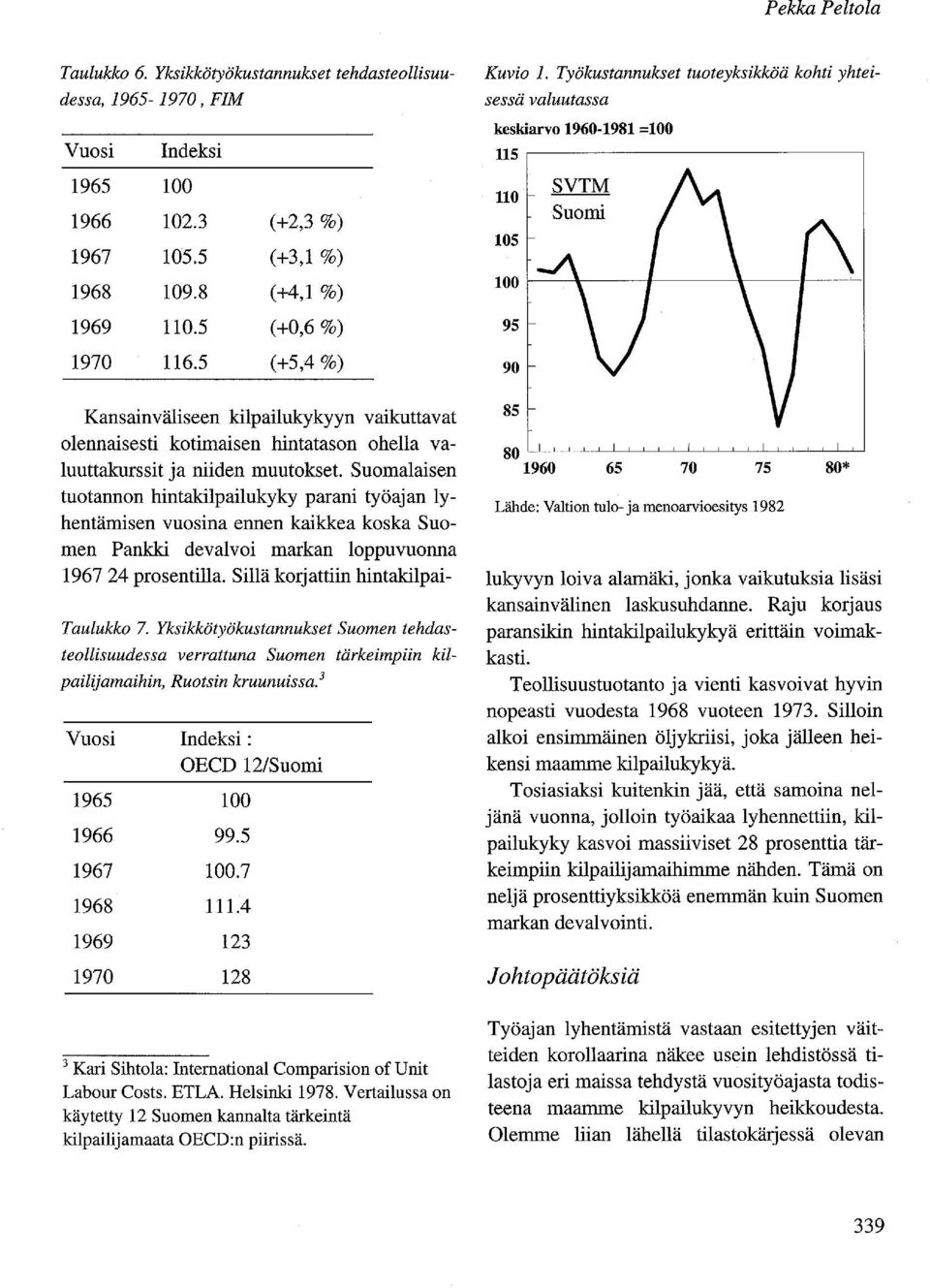 Suomalaisen tuotannon hintakilpailukyky parani työajan lyhentämisen vuosina ennen kaikkea koska Suomen Pankki devalvoi markan loppu vuonna 196724 prosentilla. Sillä korjattiin hintakilpai- Taulukko 7.