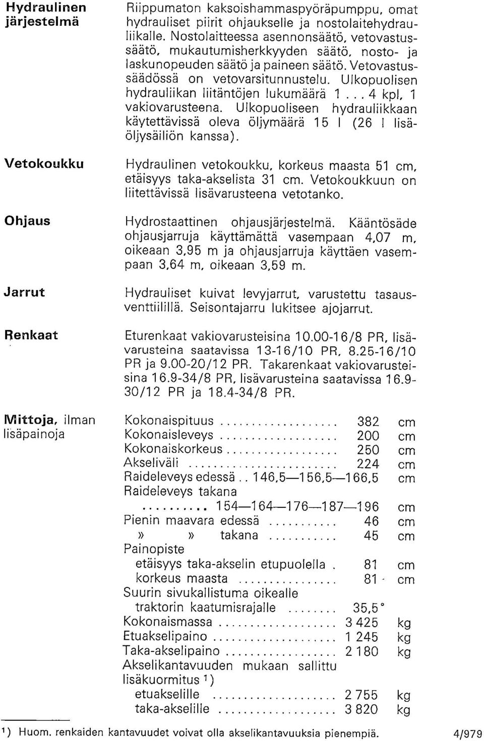 Ulkopuolisen hydrauliikan Iiitäntöjen lukumäärä 1... 4 kpl, 1 vakiovarusteena. Ulkopuoliseen hydrauliikkaan käytettävissä oleva öljymaara 15 I (26 I lisäöljysäiliön kanssa).