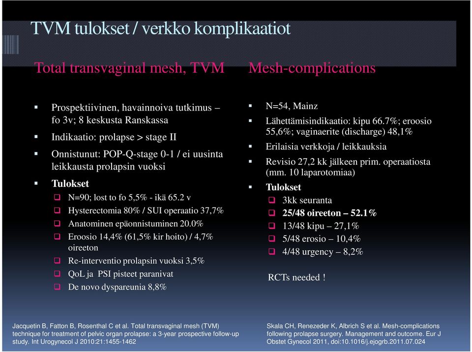0% Eroosio 14,4% (61,5% kir hoito) / 4,7% oireeton Re-interventio prolapsin vuoksi 3,5% QoL ja PSI pisteet paranivat De novo dyspareunia 8,8% N=54, Mainz Lähettämisindikaatio: kipu 66.
