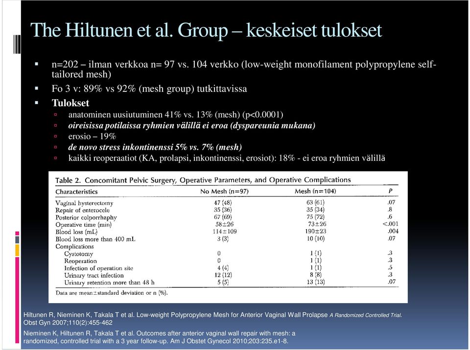 0001) oireisissa potilaissa ryhmien välillä ei eroa (dyspareunia mukana) erosio 19% de novo stress inkontinenssi 5% vs.
