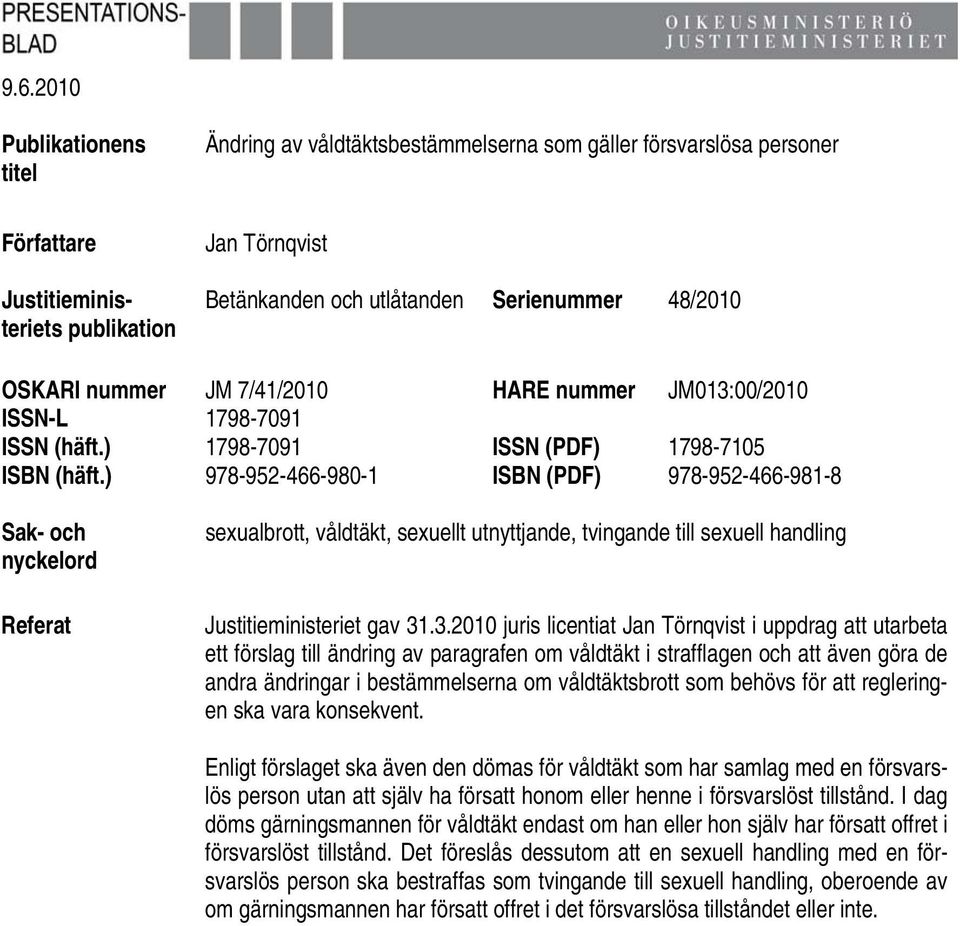 ) 978-952-466-980-1 ISBN (PDF) 978-952-466-981-8 Sak- och nyckelord Referat sexualbrott, våldtäkt, sexuellt utnyttjande, tvingande till sexuell handling Justitieministeriet gav 31