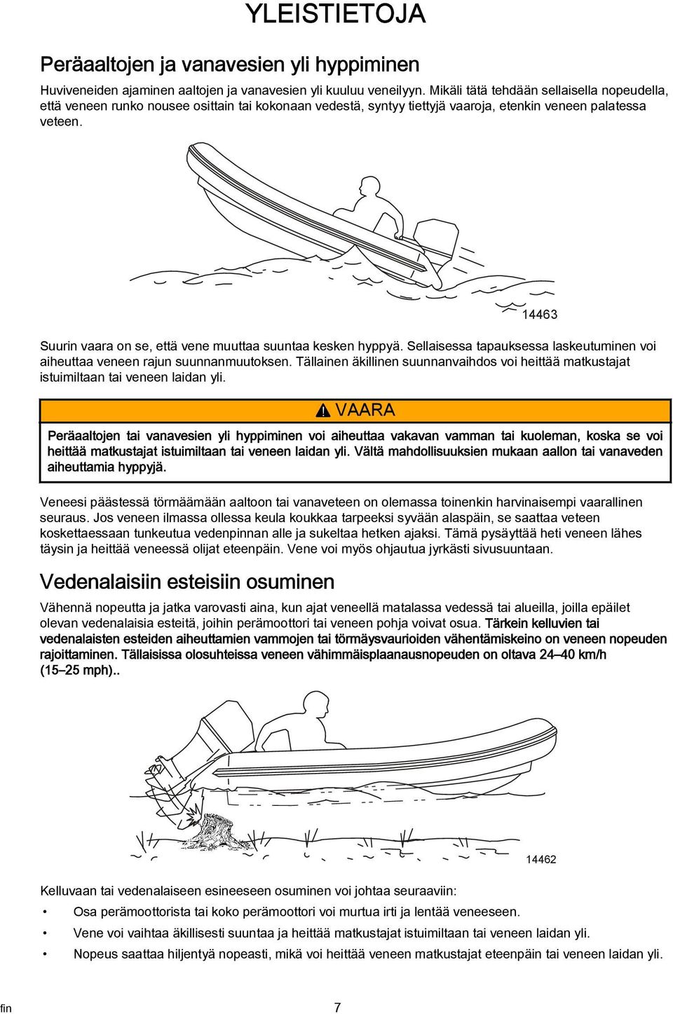 14463 Suurin vaara on se, että vene muuttaa suuntaa kesken hyppyä. Sellaisessa tapauksessa laskeutuminen voi aiheuttaa veneen rajun suunnanmuutoksen.