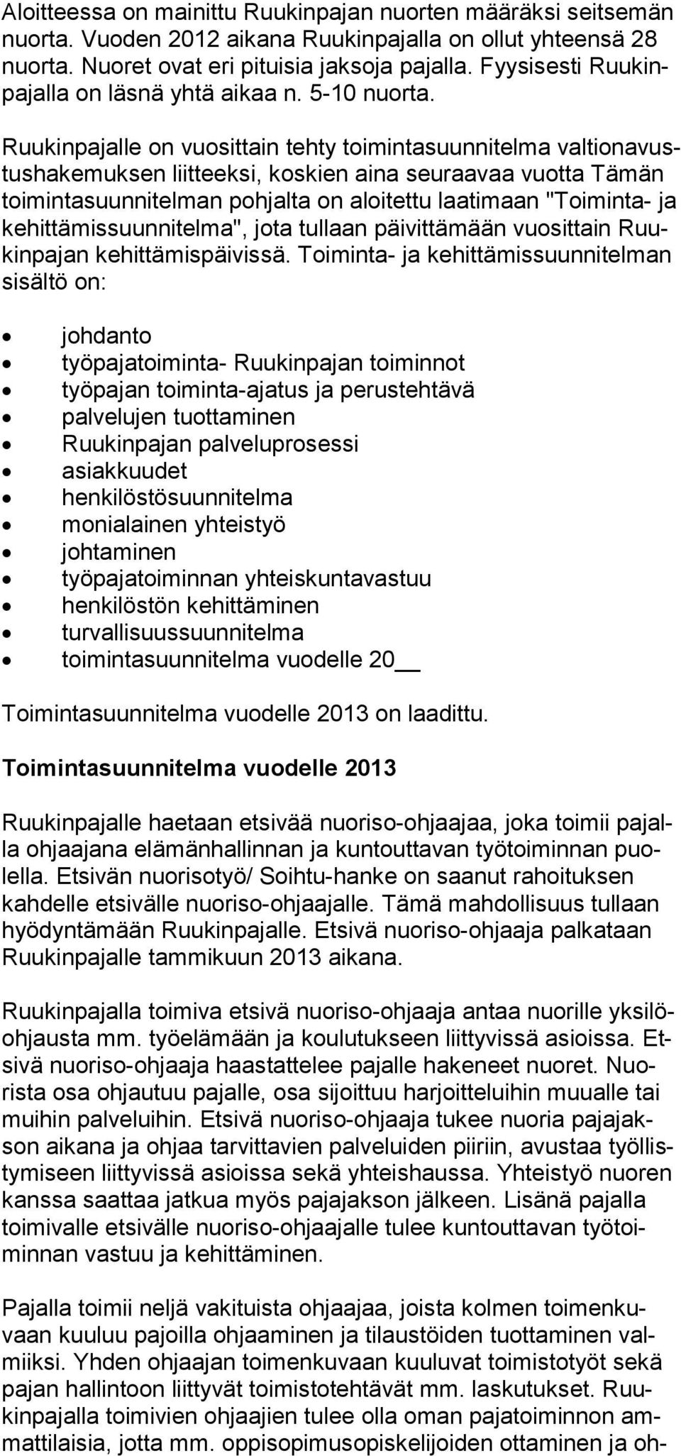 Ruukinpajalle on vuosittain tehty toimintasuunnitelma valtionavustushakemuksen liitteeksi, koskien aina seuraavaa vuotta Tämän toimintasuunnitelman poh jalta on aloitettu laatimaan "Toiminta- ja