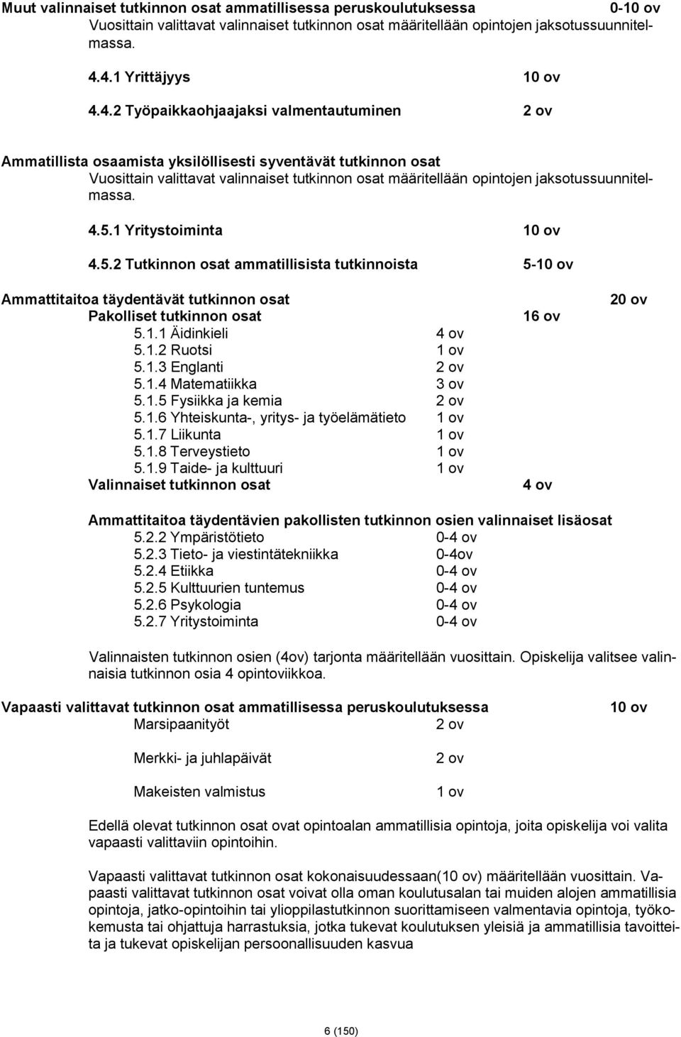 opintojen jaksotussuunnitelmassa. 4.5.1 Yritystoiminta 10 ov 4.5.2 t ammatillisista tutkinnoista 5-10 ov Ammattitaitoa täydentävät tutkinnon osat Pakolliset tutkinnon osat 5.1.1 Äidinkieli 4 ov 5.1.2 Ruotsi 1 ov 5.