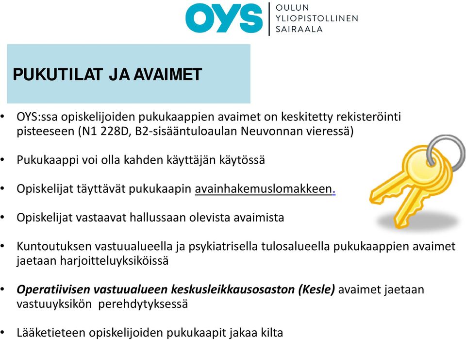 Opiskelijat vastaavat hallussaan olevista avaimista Kuntoutuksen vastuualueella ja psykiatrisella tulosalueella pukukaappien avaimet jaetaan