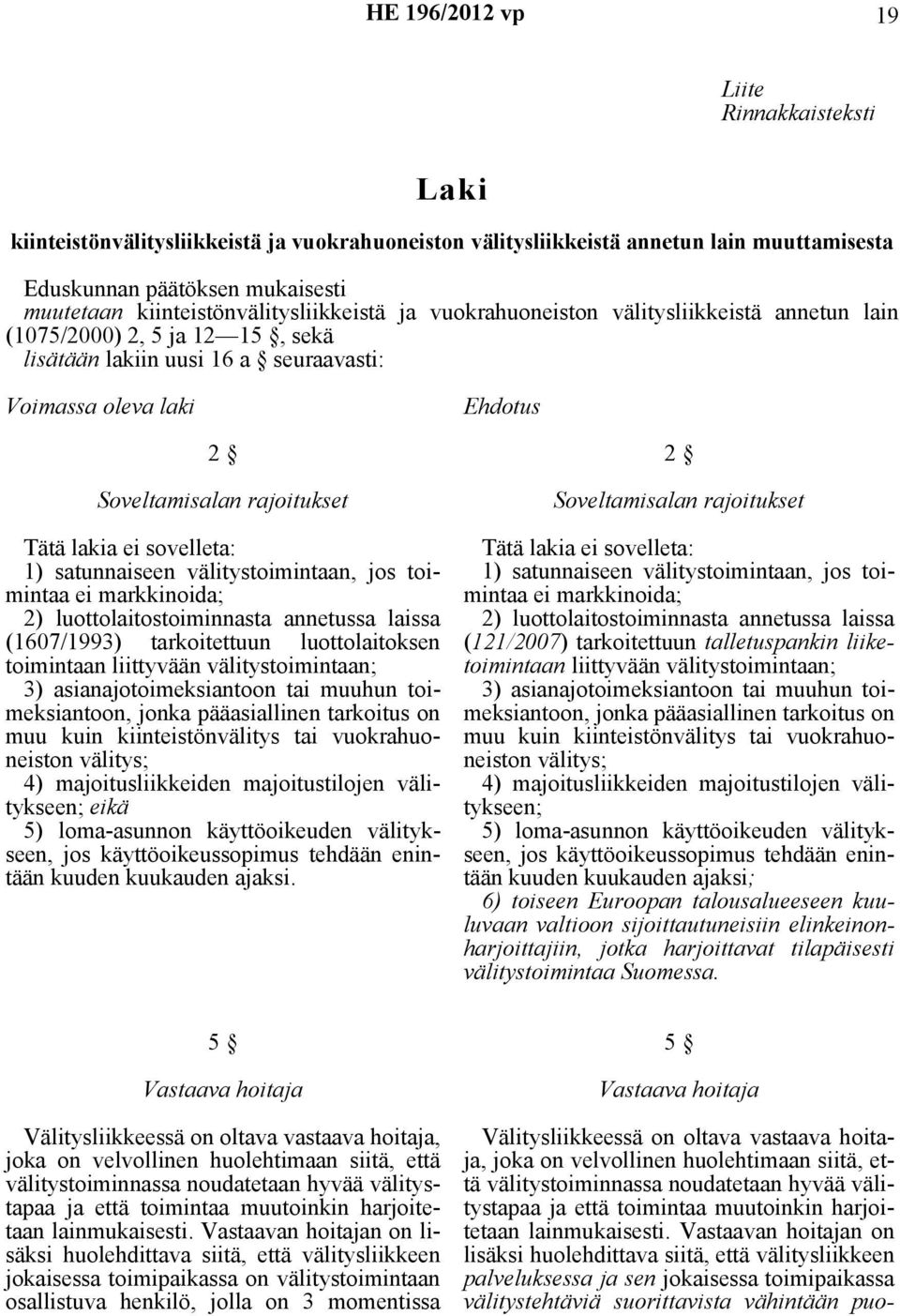 rajoitukset Tätä lakia ei sovelleta: 1) satunnaiseen välitystoimintaan, jos toimintaa ei markkinoida; 2) luottolaitostoiminnasta annetussa laissa (1607/1993) tarkoitettuun luottolaitoksen toimintaan