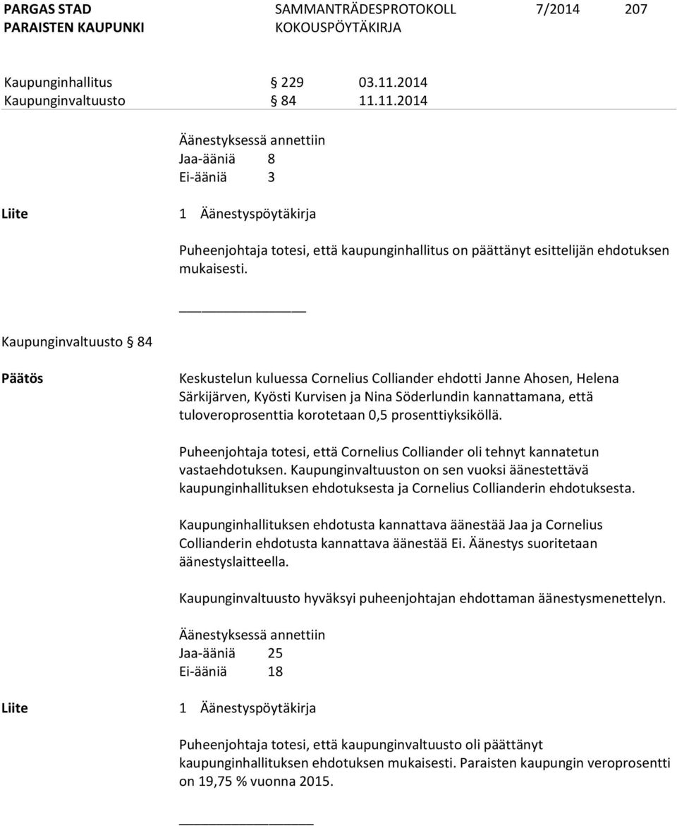 11.2014 Äänestyksessä annettiin Jaa-ääniä 8 Ei-ääniä 3 Liite 1 Äänestyspöytäkirja Kaupunginvaltuusto 84 Puheenjohtaja totesi, että kaupunginhallitus on päättänyt esittelijän ehdotuksen mukaisesti.