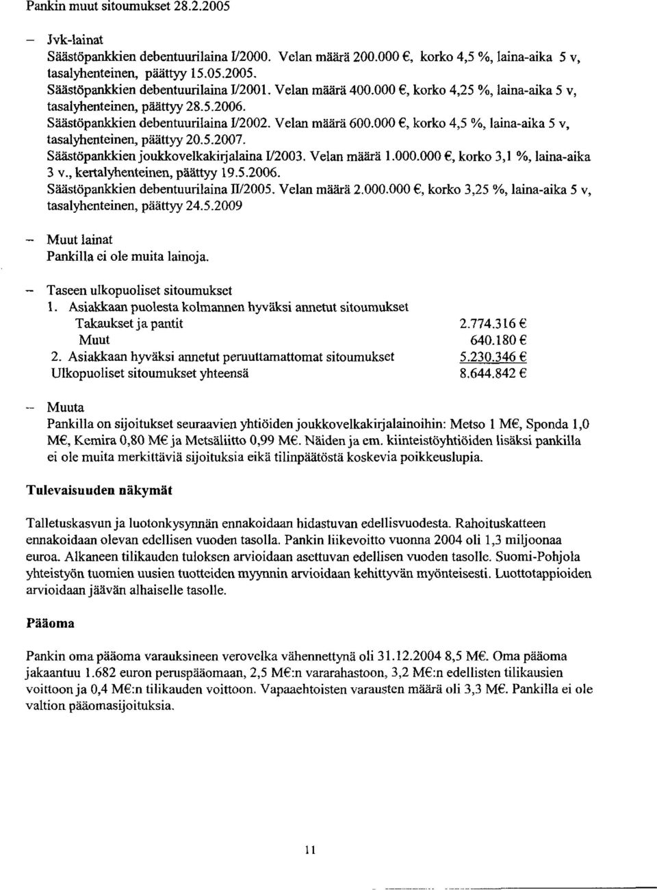 000, korko 4,5 %, laina-aika 5 v, tasalyhenteinen, päättyy 20.5.2007. Säästöpankkien joukkovelkakirjalaina 1/. Velan määrä 1.000.000, korko 3,1 %, laina-aika 3 v., kertalyhenteinen, päättyy 19.5.2006.