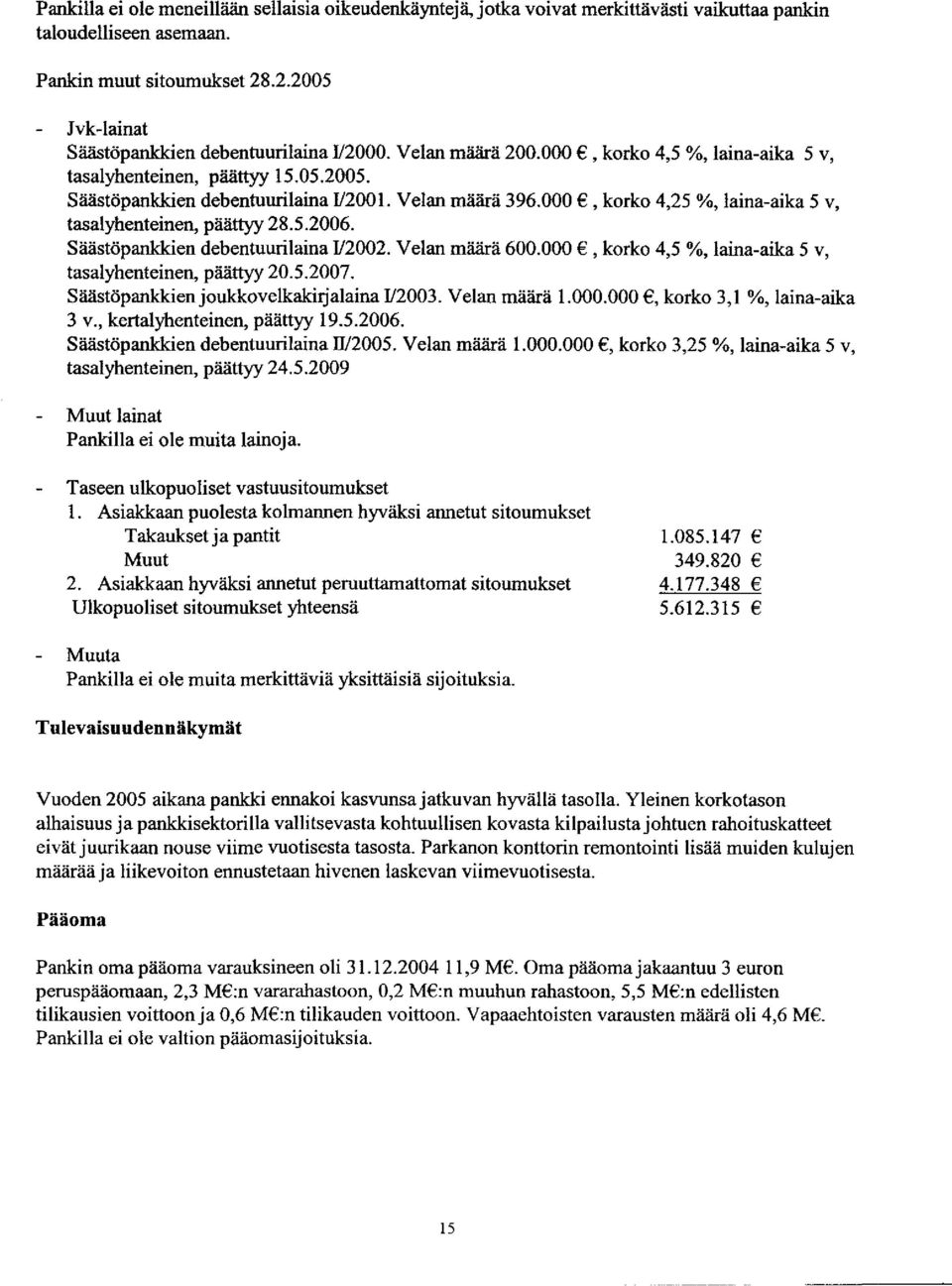 000, korko 4,25 %, laina-aika 5 v, tasalyhenteinen, päättyy 28.5.2006. Säästöpankkien debentuurilaina 1/2002. Velan määrä 600.000, korko 4,5 %, laina-aika 5 v, tasalyhenteinen, päättyy 20.5.2007.