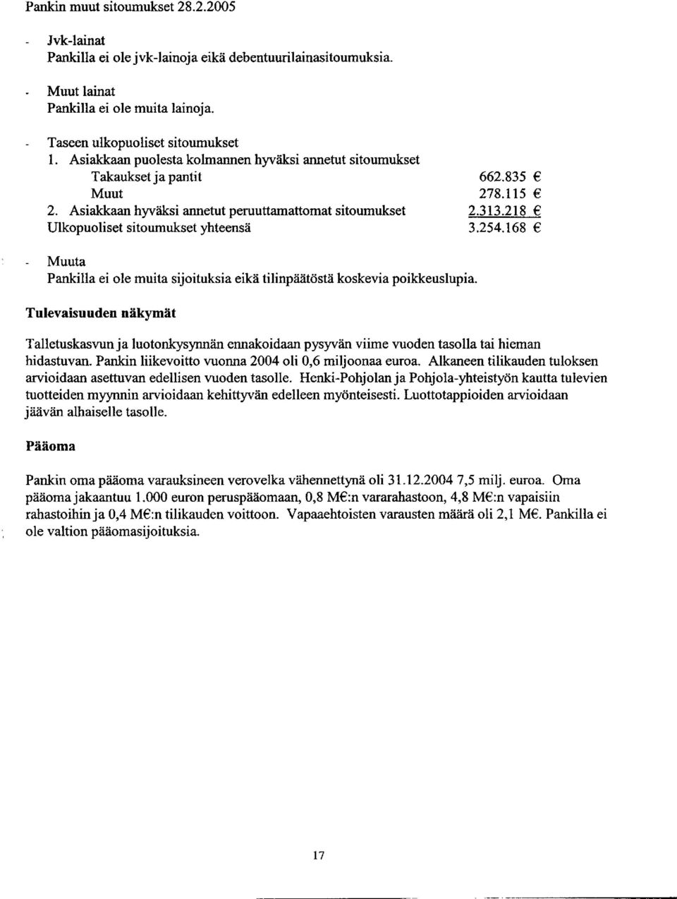 218 Ulkopuoliset sitoumukset yhteensä 3.254.168 Muuta Pankilla ei ole muita sijoituksia eikä tilinpäätöstä koskevia poikkeuslupia.