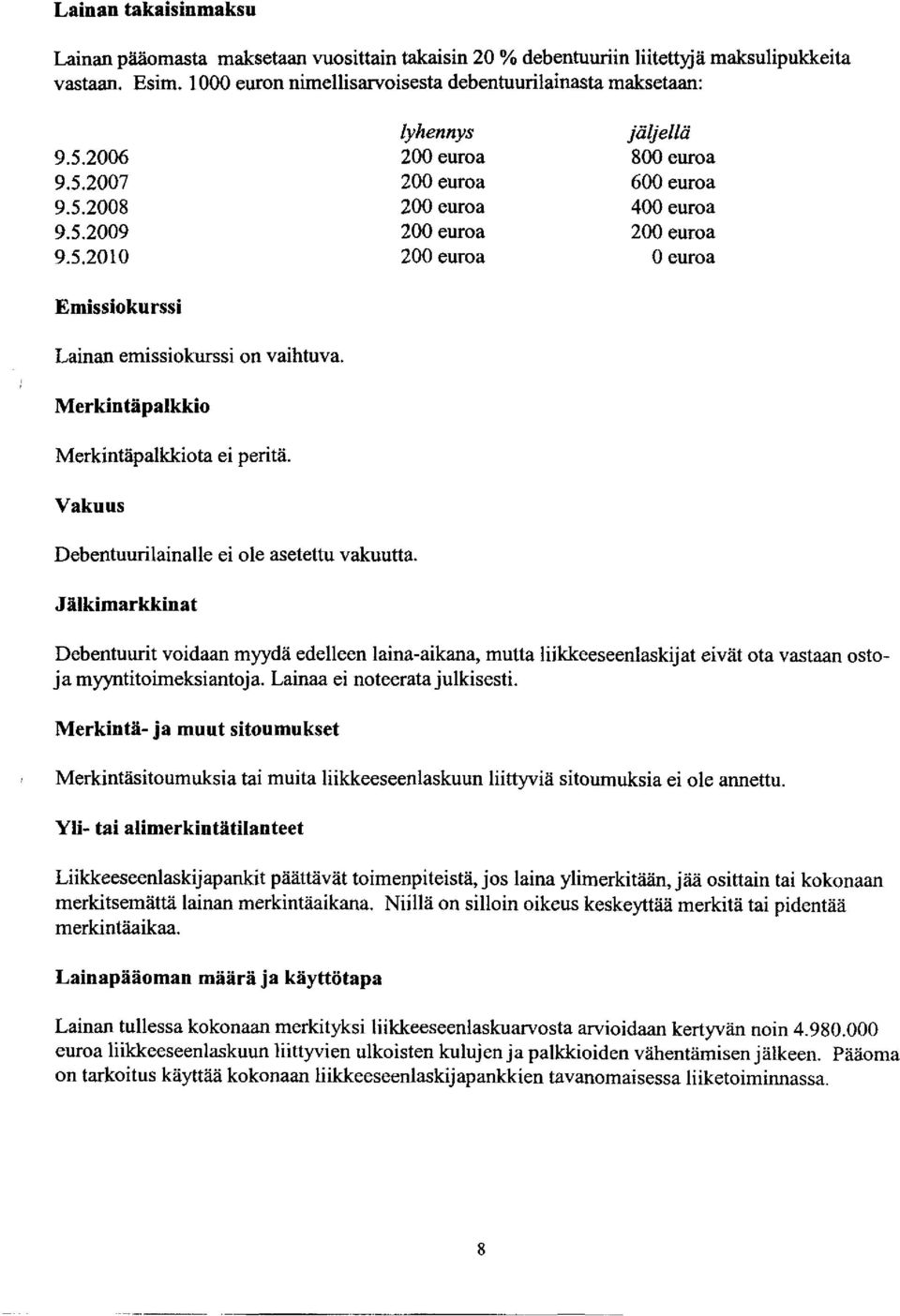 Merkintäpalkkio Merkintäpalkkiota ei peritä. Vakuus Debentuurilainalle ei ole asetettu vakuutta.