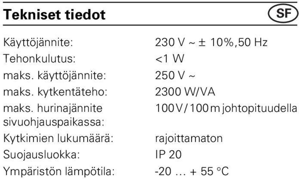 hurinajännite 100 V / 100 m johtopituudella sivuohjauspaikassa: