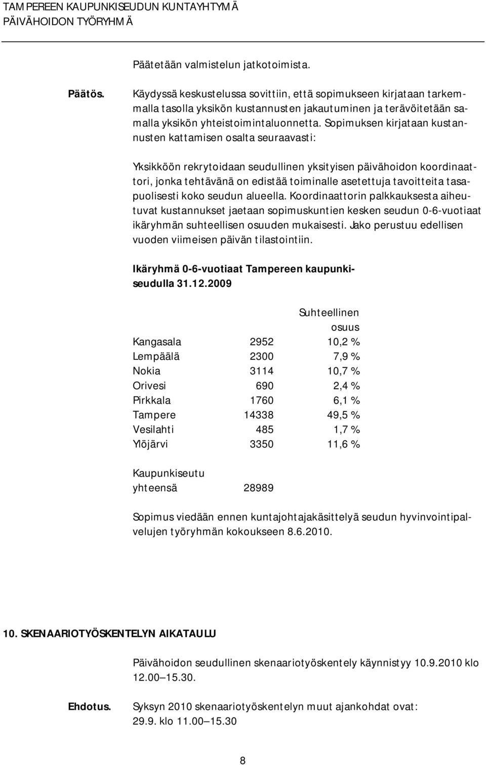 Sopimuksen kirjataan kustannusten kattamisen osalta seuraavasti: Yksikköön rekrytoidaan seudullinen yksityisen päivähoidon koordinaattori, jonka tehtävänä on edistää toiminalle asetettuja tavoitteita