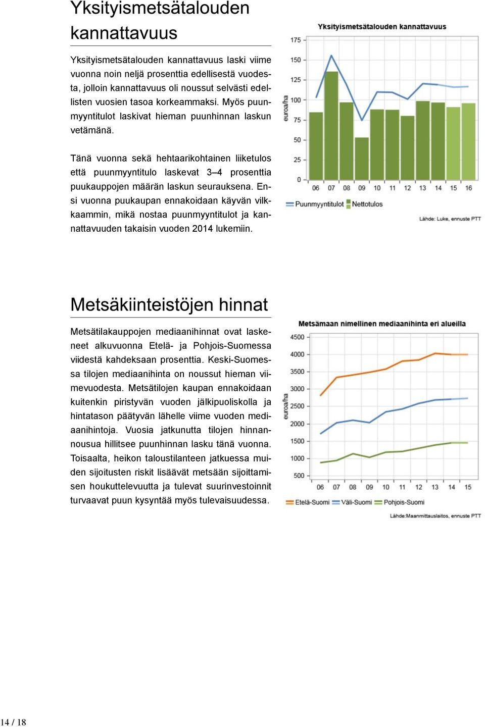 Ensi vuonna puukaupan ennakoidaan käyvän vilkkaammin, mikä nostaa puunmyyntitulot ja kannattavuuden takaisin vuoden 2014 lukemiin.