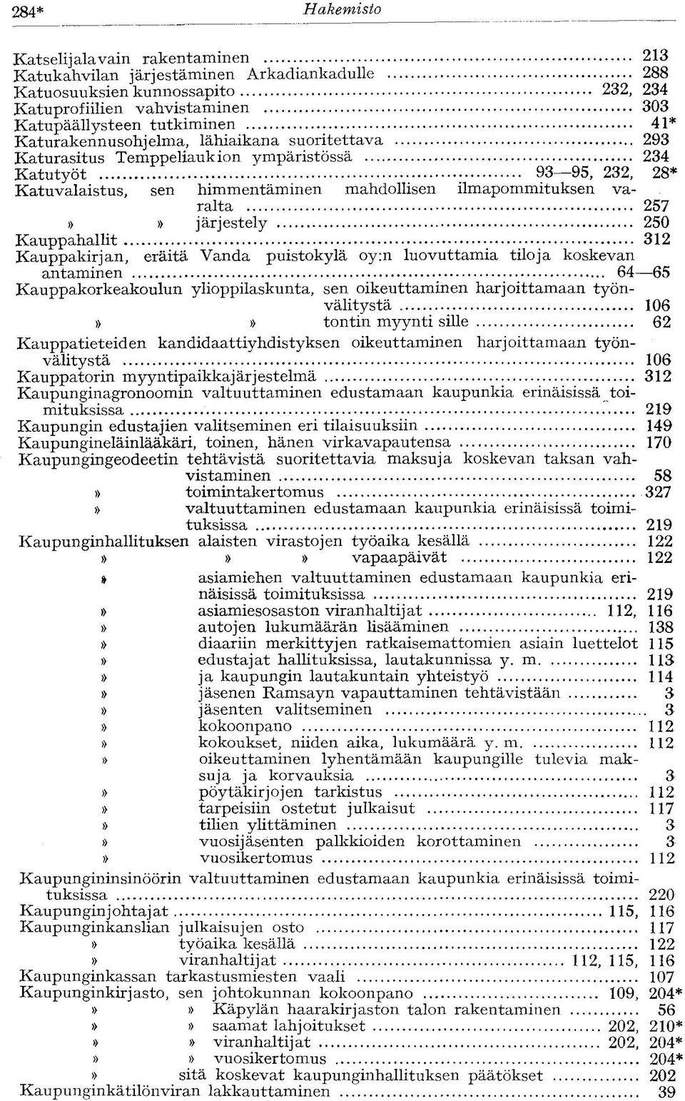 järjestely 250 Kauppahallit 312 Kauppakirjan, eräitä Vanda puistokylä oy:n luovuttamia tiloja koskevan antaminen 64 65 Kauppakorkeakoulun ylioppilaskunta, sen oikeuttaminen harjoittamaan