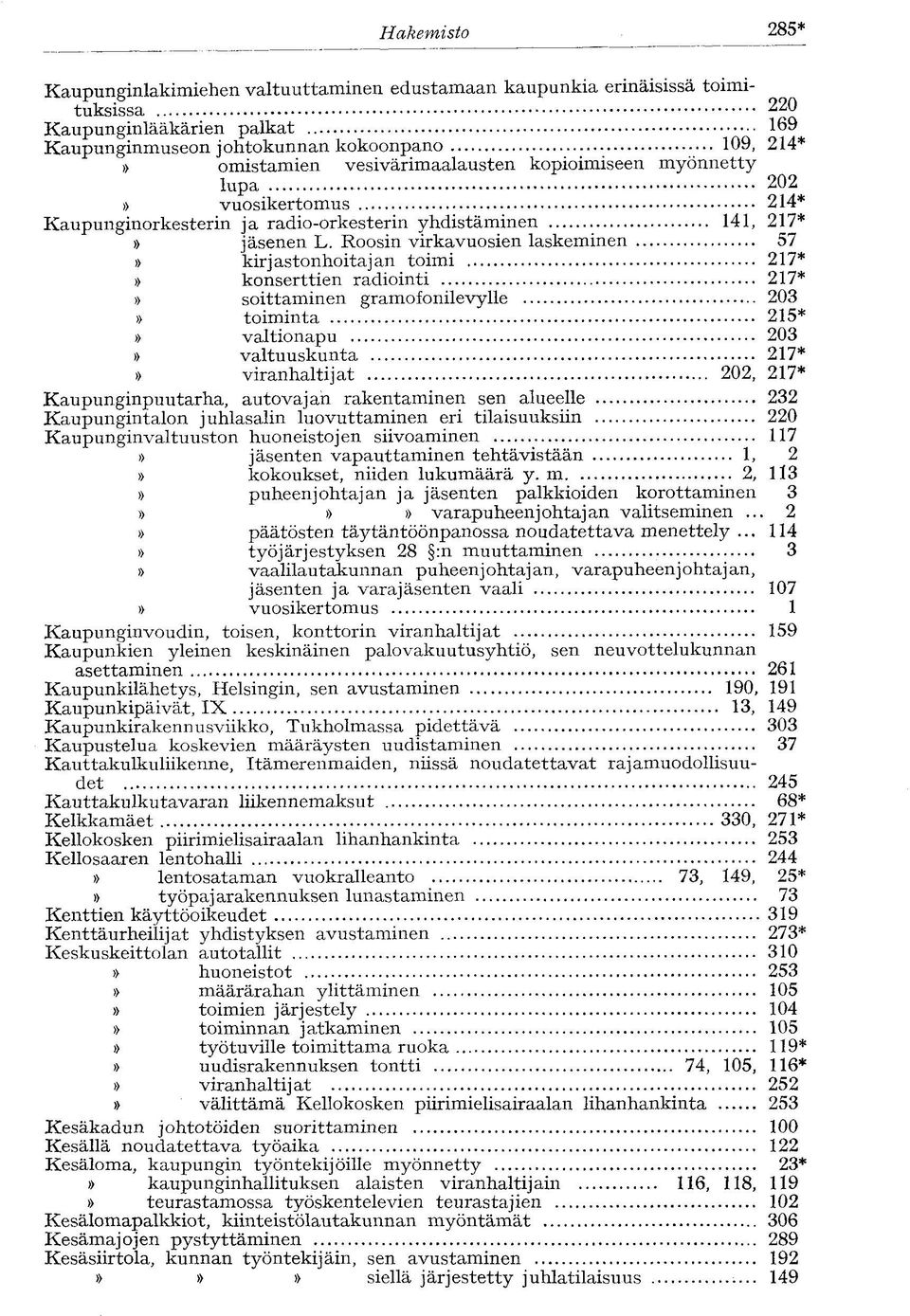 Roosin virkavuosien laskeminen 57 kirjastonhoitajan toimi 217* konserttien radiointi 217* soittaminen gramofonilevylle 203 toiminta 215* valtionapu 203 valtuuskunta 217* viranhaltijat 202, 217*