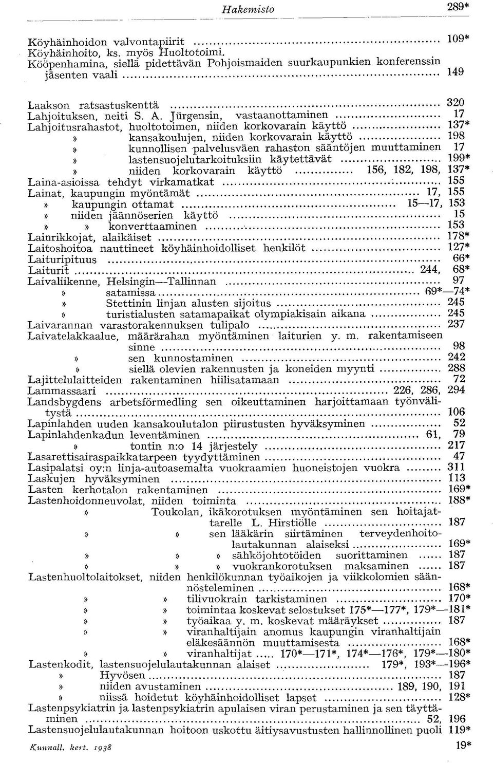 Jiirgensin, vastaanottaminen 17 Lahjoitusrahastot, huoltotoimen, niiden korkovarain käyttö 137* kansakoulujen, niiden korkovarain käyttö ^ 198 kunnollisen palvelusväen rahaston sääntöjen muuttaminen