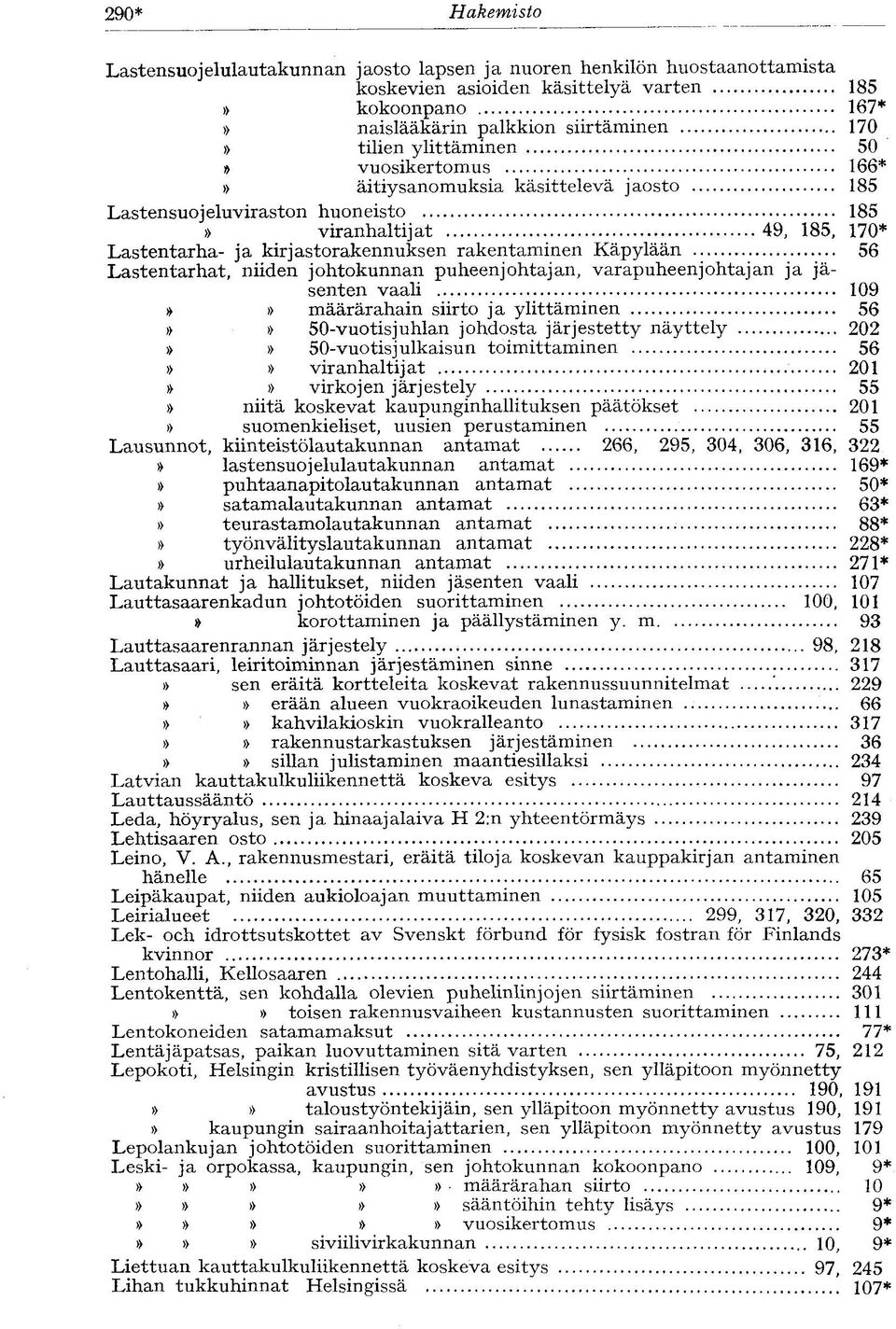 49, 185, 170* Lastentarha- ja kirjastorakennuksen rakentaminen Käpylään 56 Lastentarhat, niiden johtokunnan puheenjohtajan, varapuheenjohtajan ja jäsenten vaali 109 määrärahain siirto ja ylittäminen