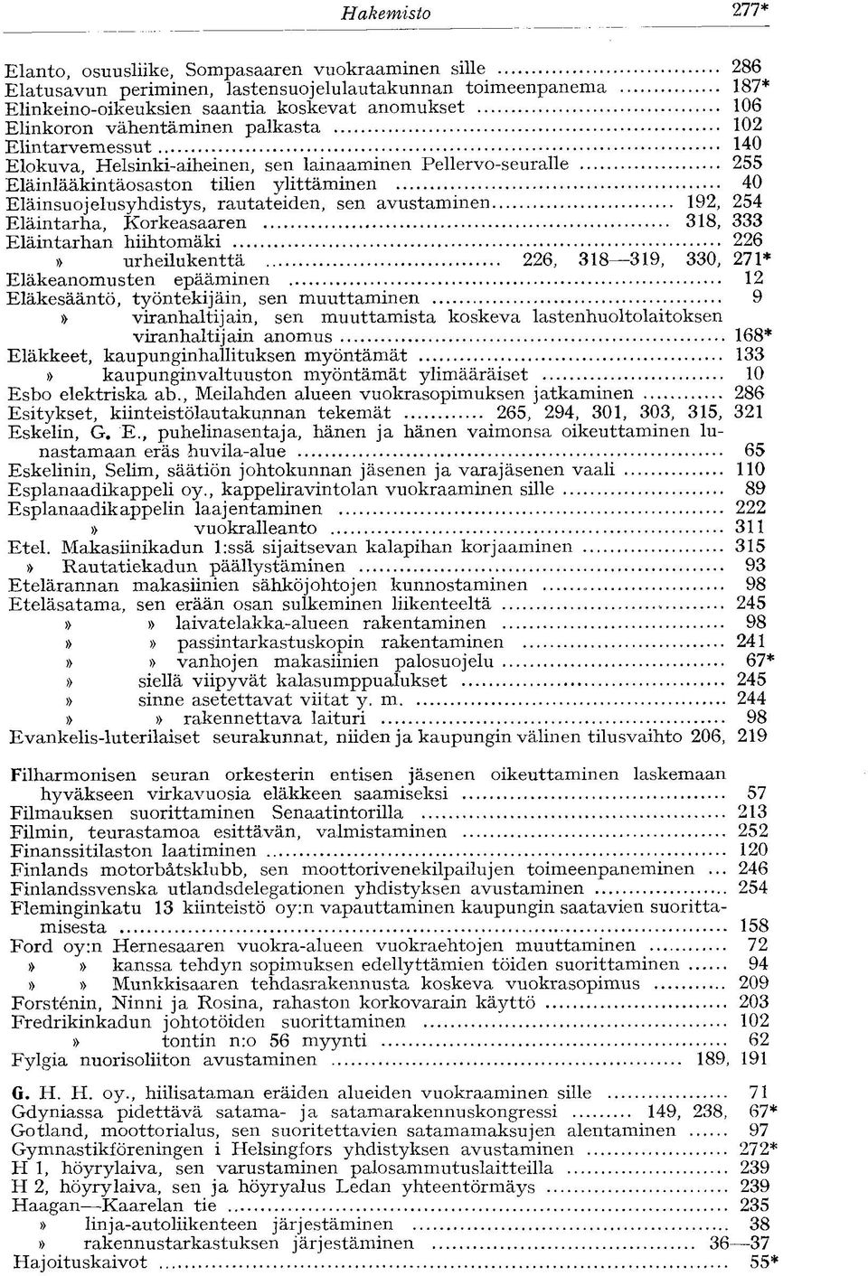 avustaminen 192, 254 Eläintarha, Korkeasaaren 318, 333 Eläintarhan hiihtomäki 226 urheilukenttä 226, 318 319, 330, 271* Eläkeanomusten epääminen 12 Eläkesääntö, työntekijäin, sen muuttaminen 9