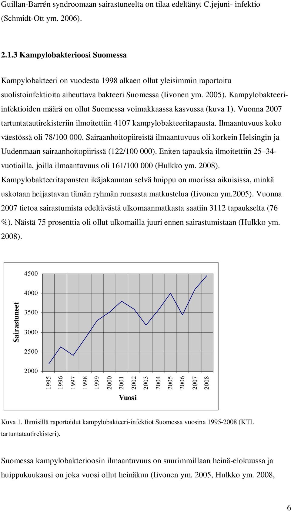 Kampylobakteeriinfektioiden määrä on ollut Suomessa voimakkaassa kasvussa (kuva 1). Vuonna 2007 tartuntatautirekisteriin ilmoitettiin 4107 kampylobakteeritapausta.