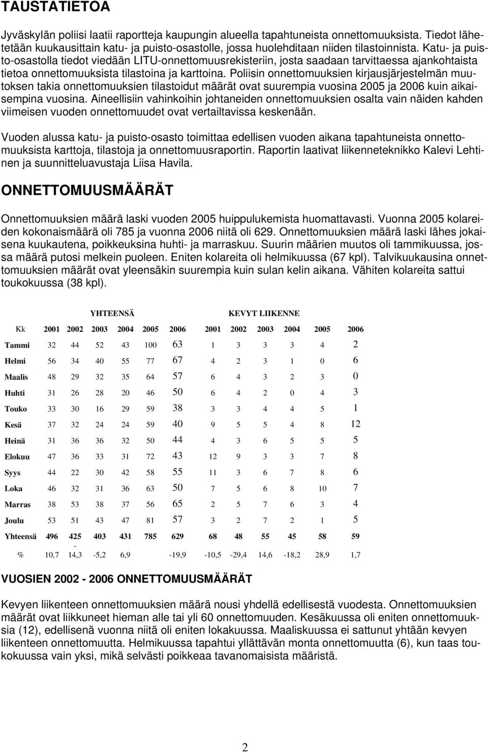 Poliisin onnettomuuksien kirjausjärjestelmän muutoksen takia onnettomuuksien tilastoidut määrät ovat suurempia vuosina 2005 ja 2006 kuin aikaisempina vuosina.