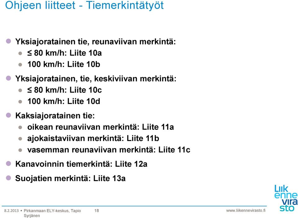 tie: oikean reunaviivan merkintä: Liite 11a ajokaistaviivan merkintä: Liite 11b vasemman reunaviivan merkintä: