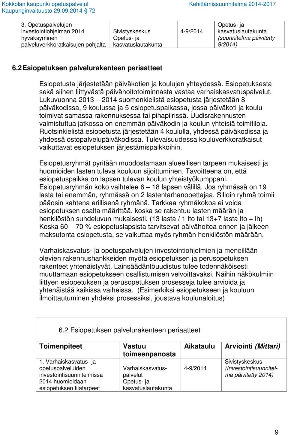 Lukuvuonna 2013 2014 suomenkielistä esiopetusta järjestetään 8 päiväkodissa, 9 koulussa ja 5 esiopetuspaikassa, jossa päiväkoti ja koulu toimivat samassa rakennuksessa tai pihapiirissä.