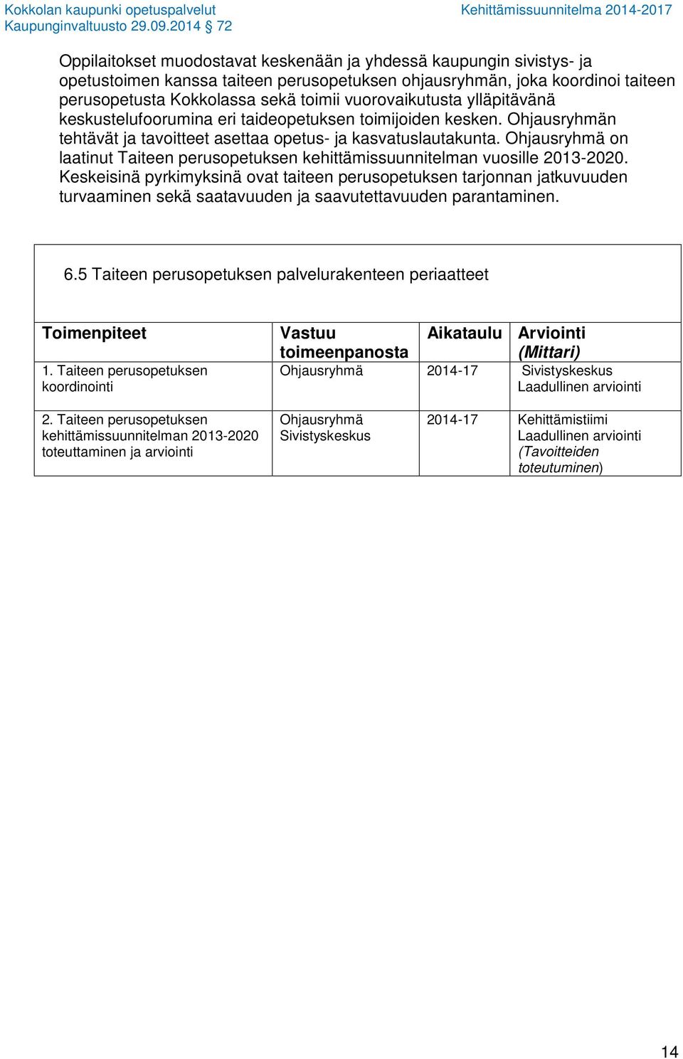 Ohjausryhmä on laatinut Taiteen perusopetuksen kehittämissuunnitelman vuosille 2013-2020.