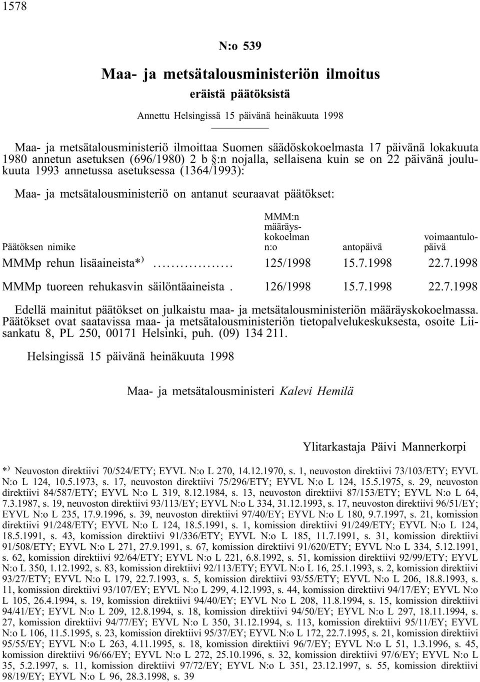 päätökset: MMM:n määräyskokoelman Päätöksen nimike n:o antopäivä voimaantulopäivä MMMp rehun lisäaineista* )... 125/1998 15.7.