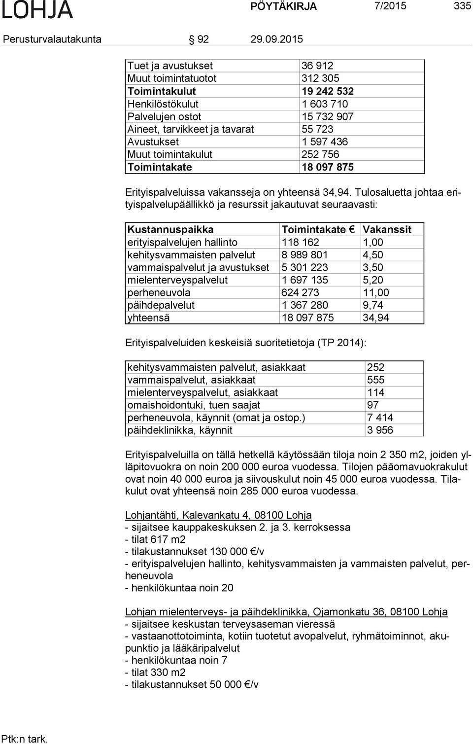 Muut toimintakulut 252 756 Toimintakate 18 097 875 Erityispalveluissa vakansseja on yhteensä 34,94.